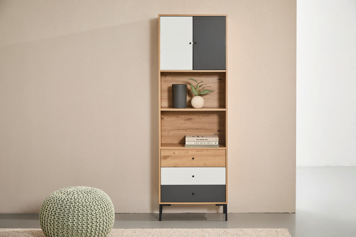 BEISTELLREGAL Grau, Weiß, Eichefarben  - Eichefarben/Schwarz, Design, Holzwerkstoff/Metall (60/180/30cm) - Carryhome