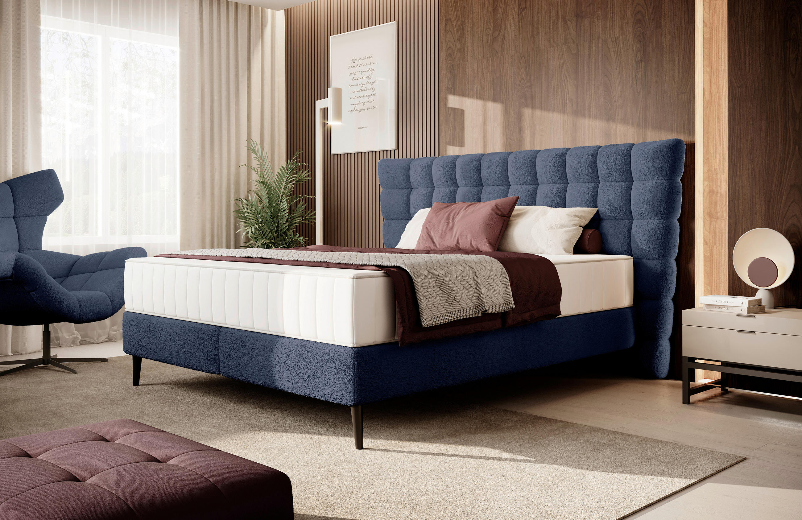 BOXSPRING-ÁGY 180/200 cm  sötétkék  - sötétkék/fekete, Design, faalapú anyag/textil (180/200cm) - Esposa