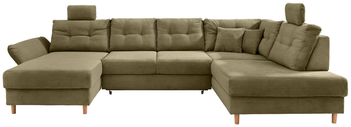 WOHNLANDSCHAFT  in Cord Olivgrün  - Naturfarben/Olivgrün, MODERN, Holz/Textil (176/338-352/206cm) - Livetastic