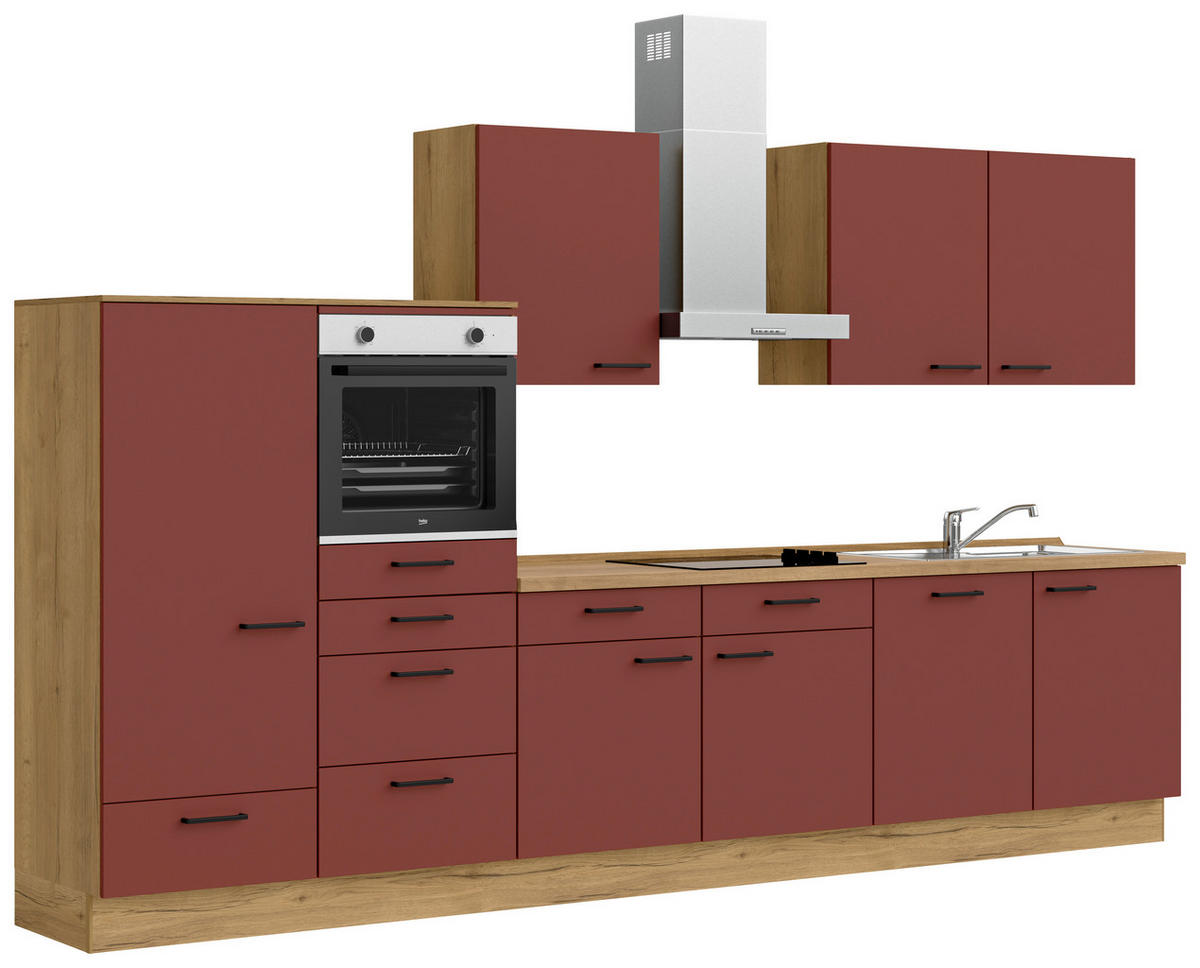 KÜCHENBLOCK Easytouch 360 cm  in Eichefarben, Dunkelrot  - Eichefarben/Schwarz, MODERN, Holzwerkstoff/Metall (360cm) - Nobilia