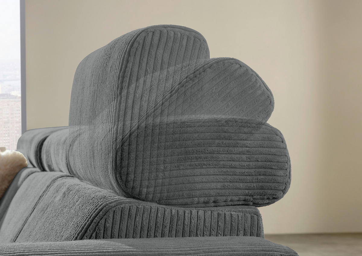ECKSOFA Dunkelgrau Cord Rücken echt, Kopfteilverstellung, Sitzvorzug  - Dunkelgrau/Schwarz, KONVENTIONELL, Textil/Metall (170/257cm) - Carryhome