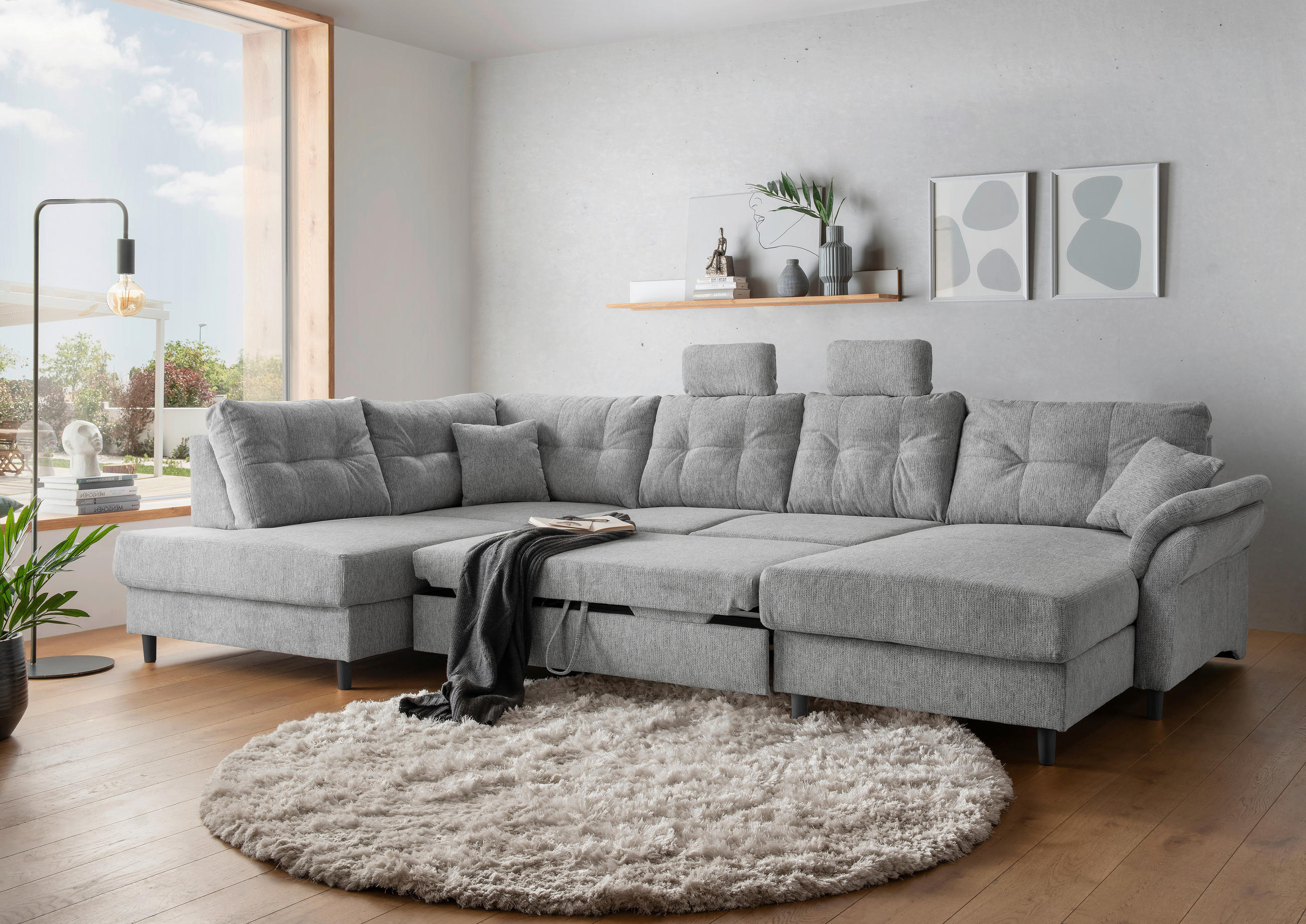 WOHNLANDSCHAFT in Chenille Silberfarben - Silberfarben/Schwarz, Modern, Holz/Textil (206/338/176cm) - Livetastic