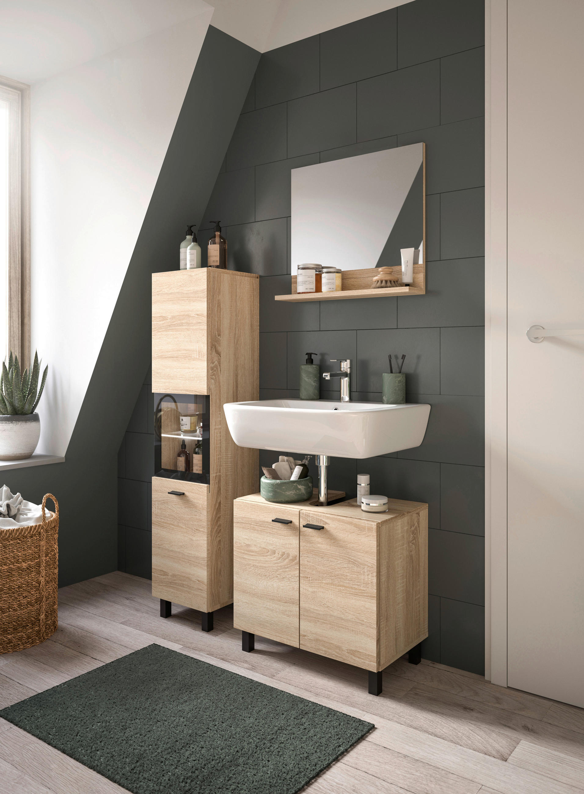 BADEZIMMER 3-teilig  in 87 cm  - Schwarz/Sonoma Eiche, MODERN, Glas/Holzwerkstoff (87cm) - MID.YOU