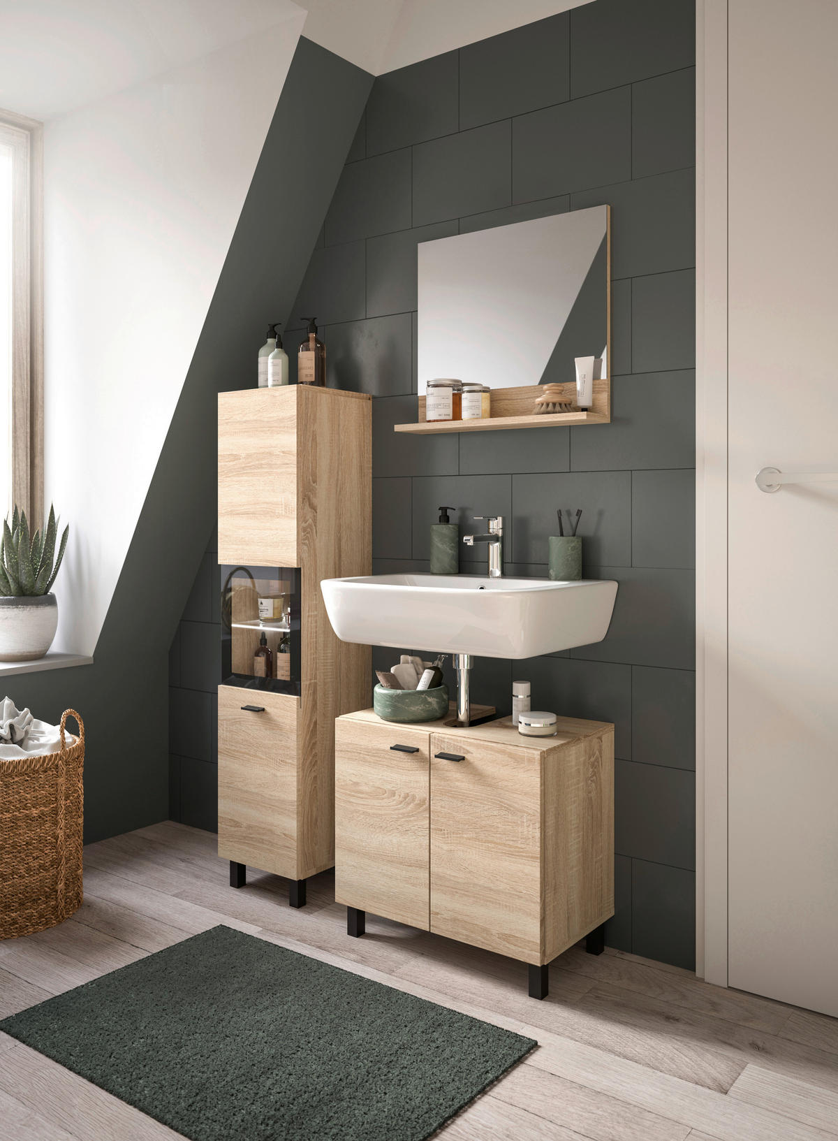 BADEZIMMER 3-teilig  in 87 cm  - Schwarz/Sonoma Eiche, MODERN, Glas/Holzwerkstoff (87cm) - MID.YOU