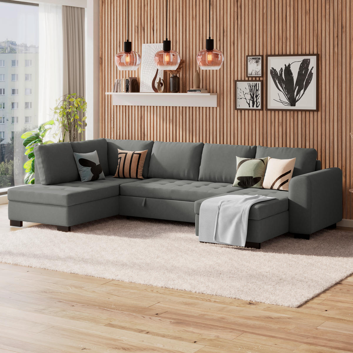 WOHNLANDSCHAFT Anthrazit Mikrofaser  - Anthrazit/Schwarz, MODERN, Kunststoff/Textil (178/305/155cm) - P & B