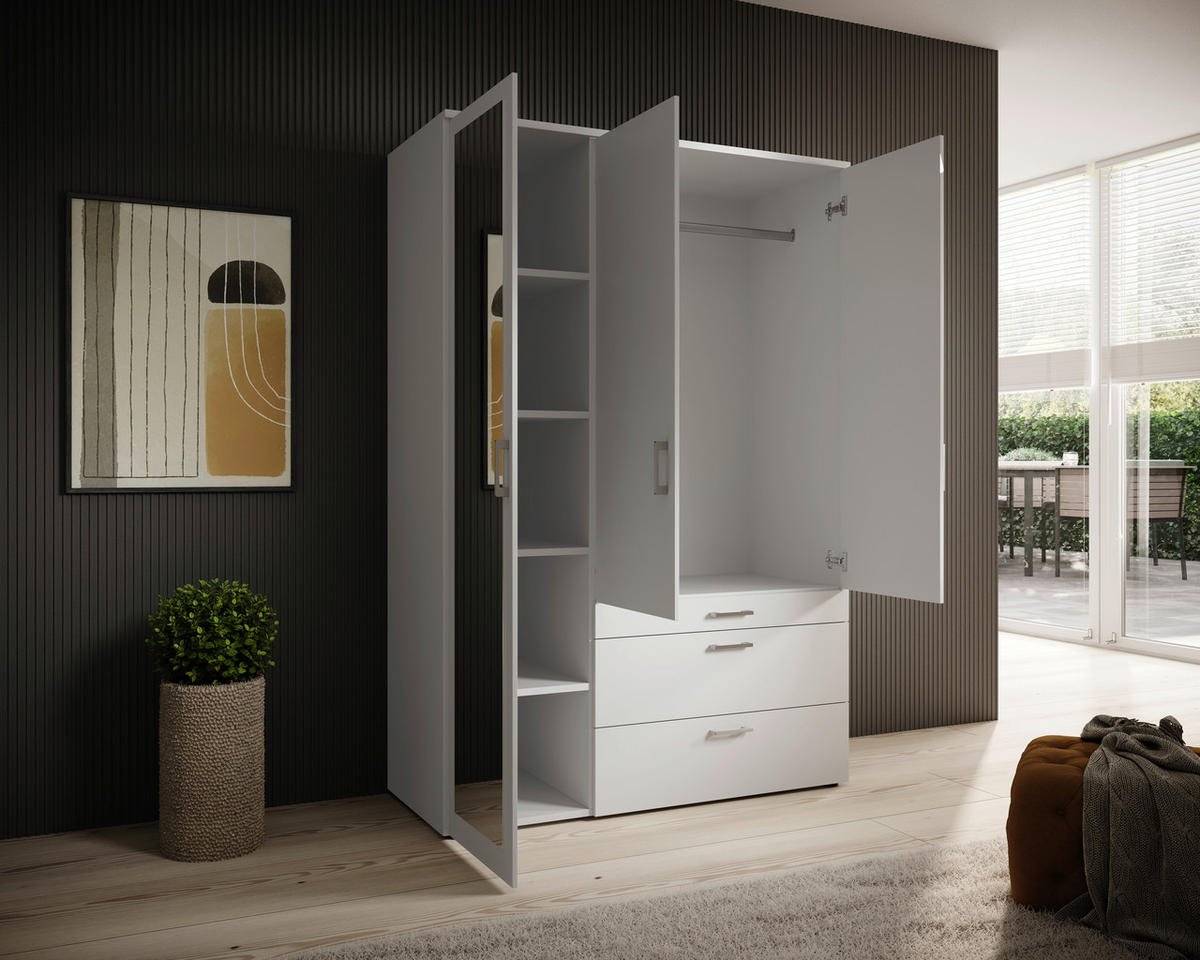 OMARA S KLASIČNIMI VRATI, bela  - bela/barve aluminija, Moderno, umetna masa/steklo (135/195/56cm) - Livetastic