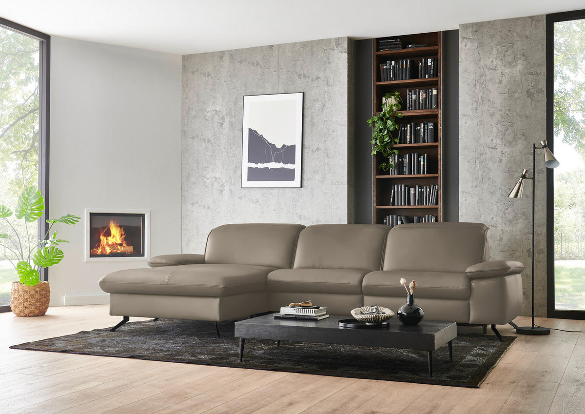 ECKSOFA  Echtleder Greige  - Greige/Schwarz, Design, Leder/Metall (169/307cm) - Beldomo Premium