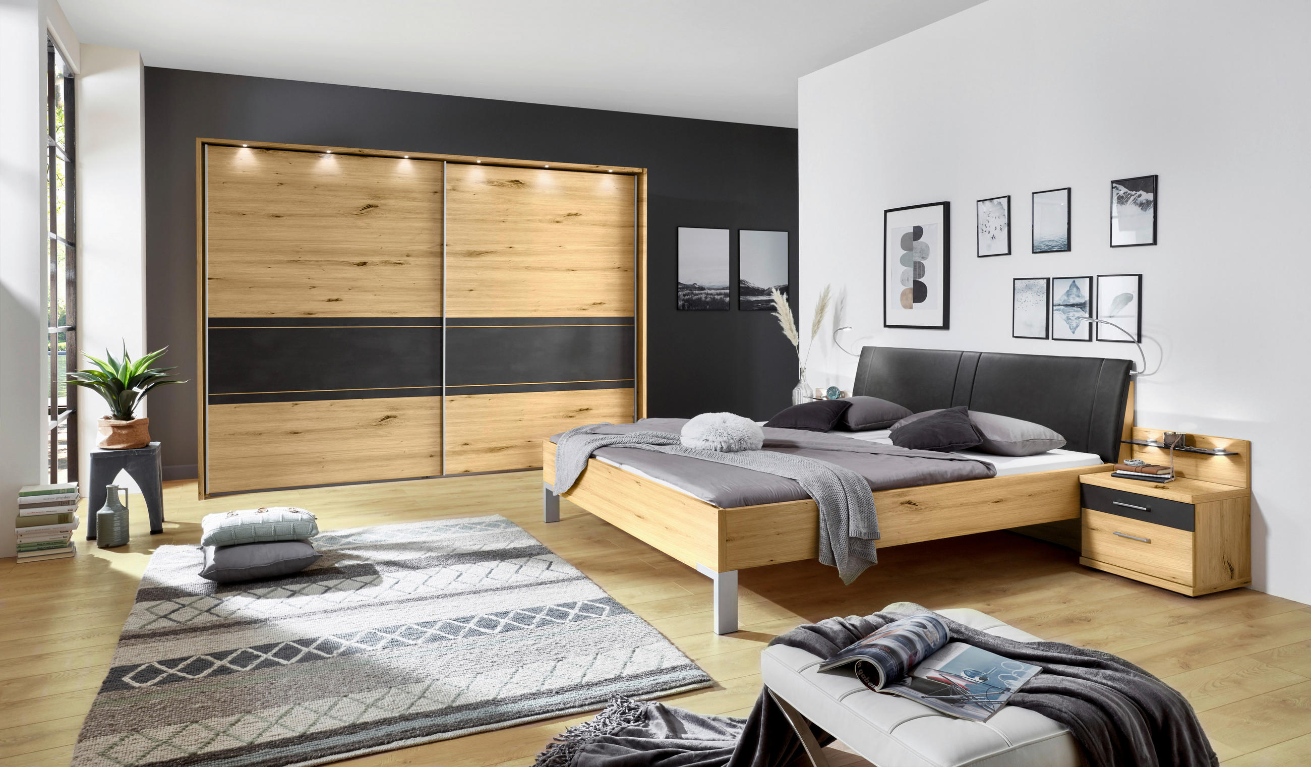 SCHWEBETÜRENSCHRANK  in Schieferfarben, Eiche Bianco  - Eiche Bianco/Schieferfarben, KONVENTIONELL, Holzwerkstoff (250/217/67cm) - Voleo