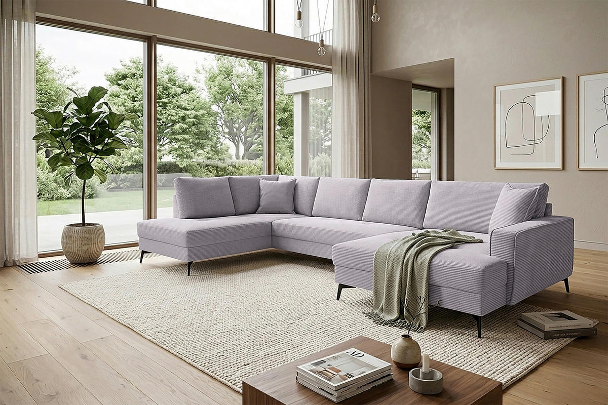 WOHNLANDSCHAFT ZERO Hellgrau Cord  - Hellgrau/Schwarz, Trend, Textil/Metall (195/362/173cm) - Livetastic