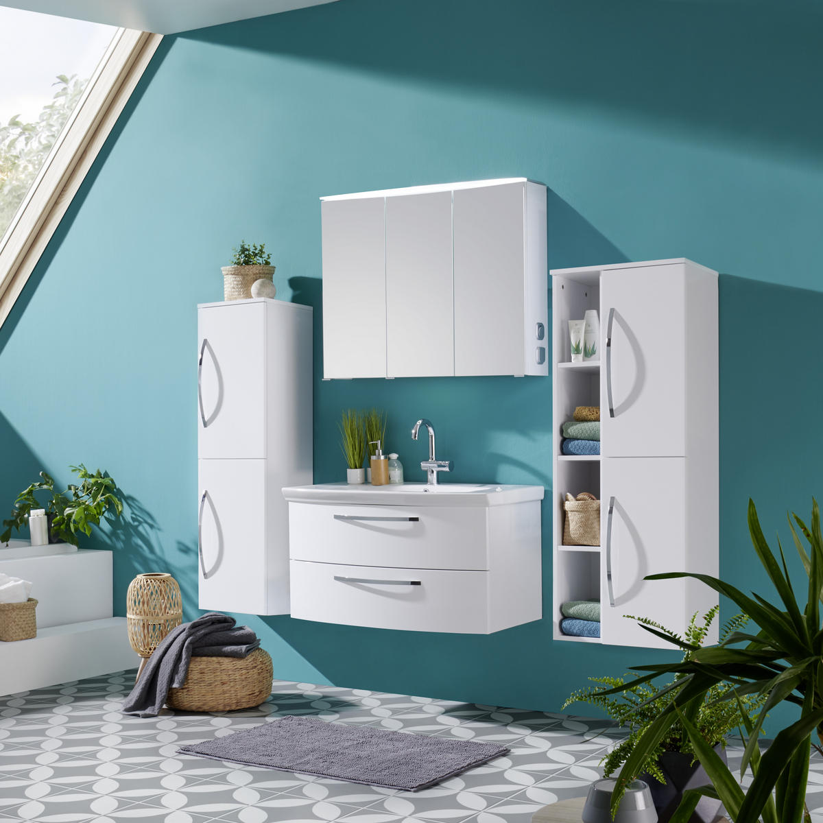 SKŘÍŇKA S UMYVADLEM, bílá, bílá, 90/50/50 cm - bílá/barvy chromu, Moderní, kompozitní dřevo/keramika (90/50/50cm) - Stylife