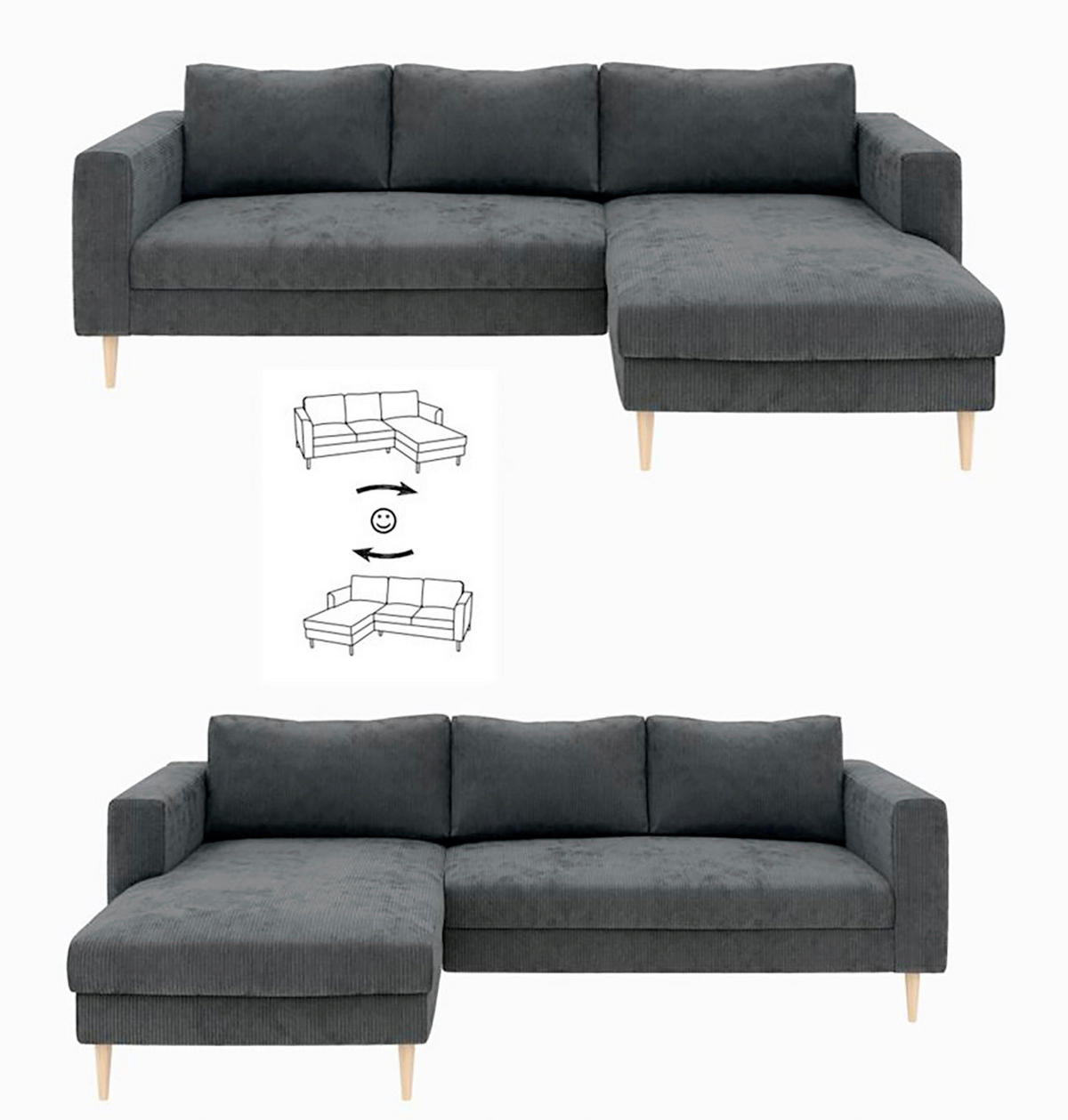 ECKSCHLAFSOFA  mit Rücken echt, Armteil links, Armteil rechts Cord Dunkelgrau  - Dunkelgrau/Buchefarben, MODERN, Holz/Textil (232/161cm) - Trendmanufaktur