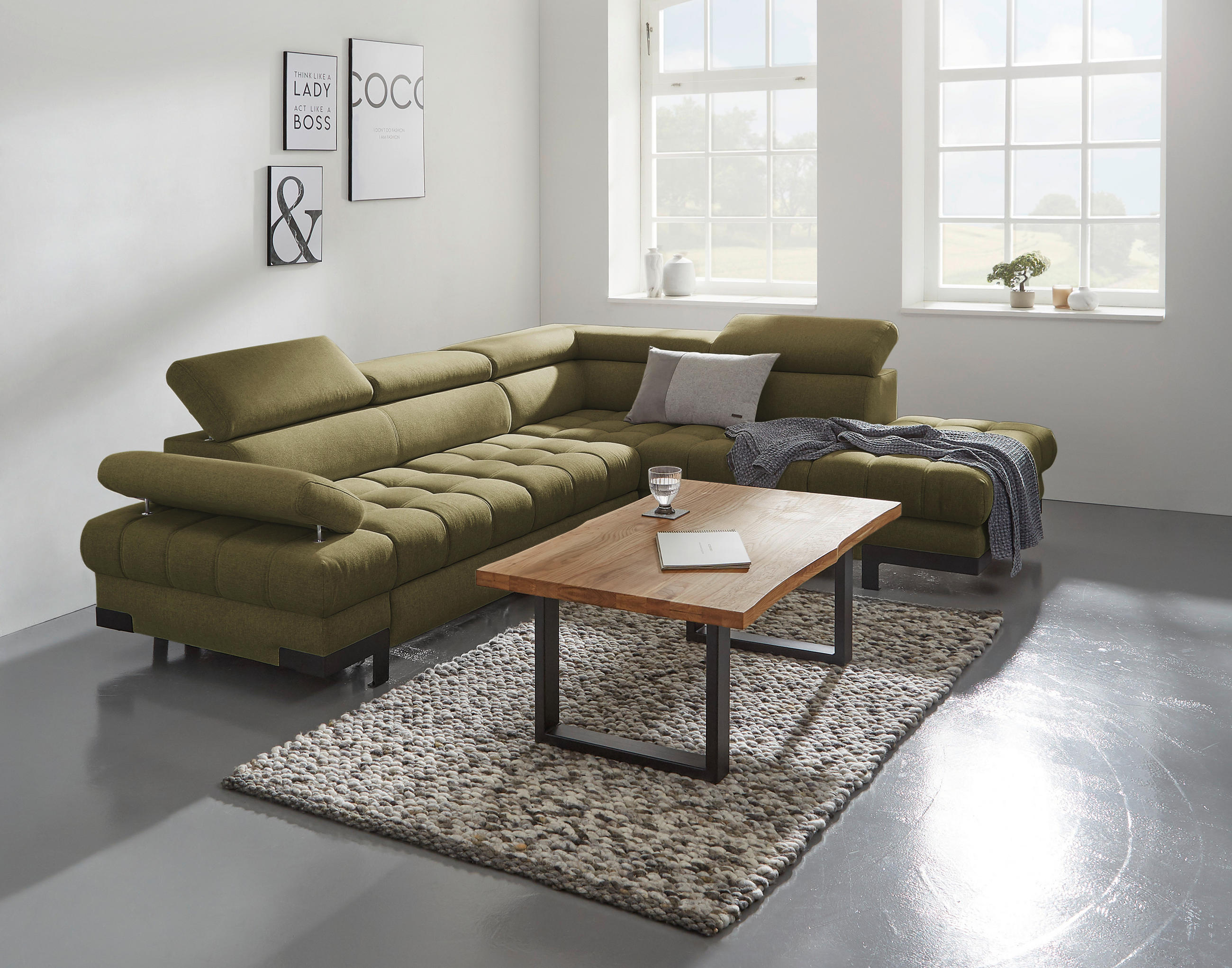 ECKSOFA Olivgrün Webstoff  - Schwarz/Olivgrün, Design, Textil/Metall (263/223cm) - Welnova
