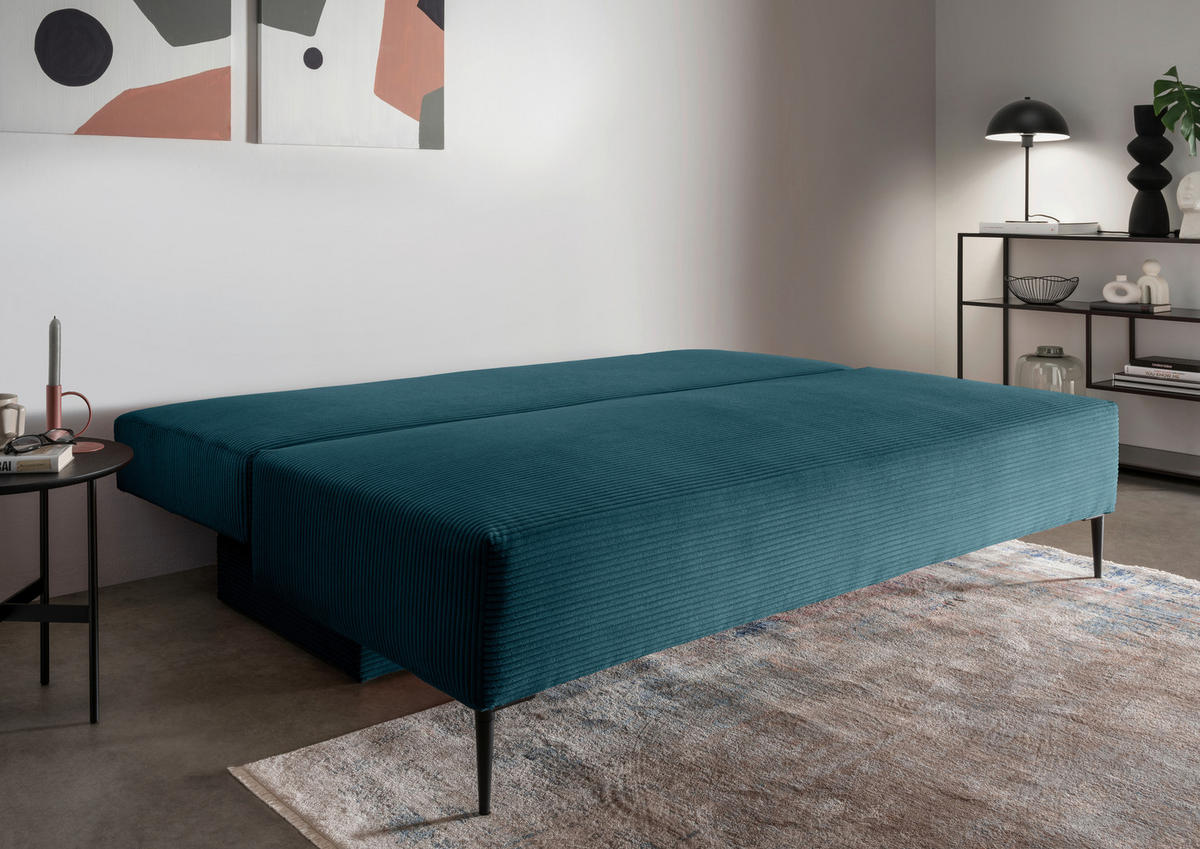 SCHLAFSOFA  mit Liegefunktion, Schlafen auf Sitzhöhe, Rücken echt Cord Petrol  - Petrol/Schwarz, MODERN, Textil/Metall (198/90/100cm) - Livetastic