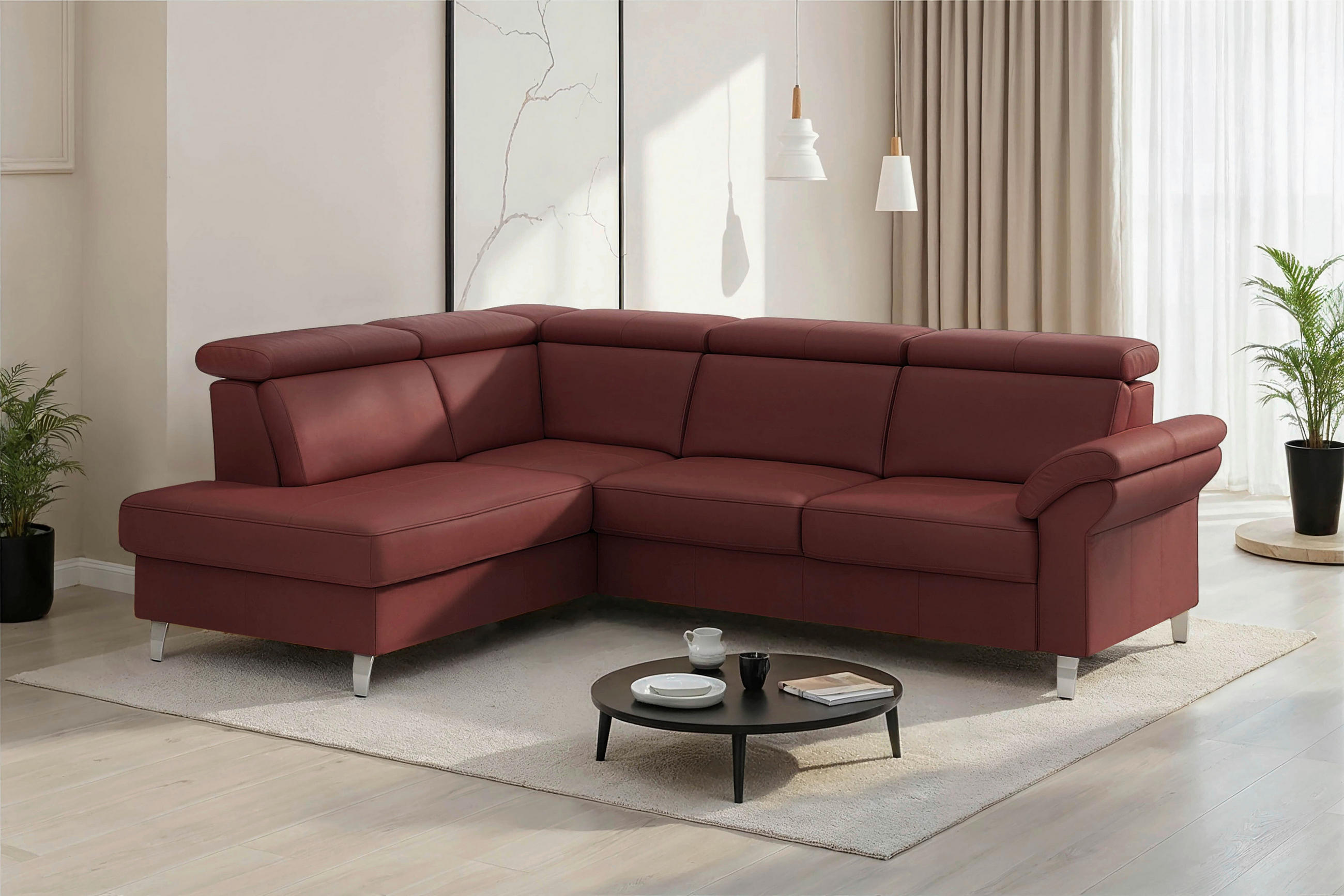 ECKSOFA ARNGAST E Rotbraun Echtleder Kopfteilverstellung  - Chromfarben/Rotbraun, Basics, Leder/Textil (194/245cm) - Sit & More