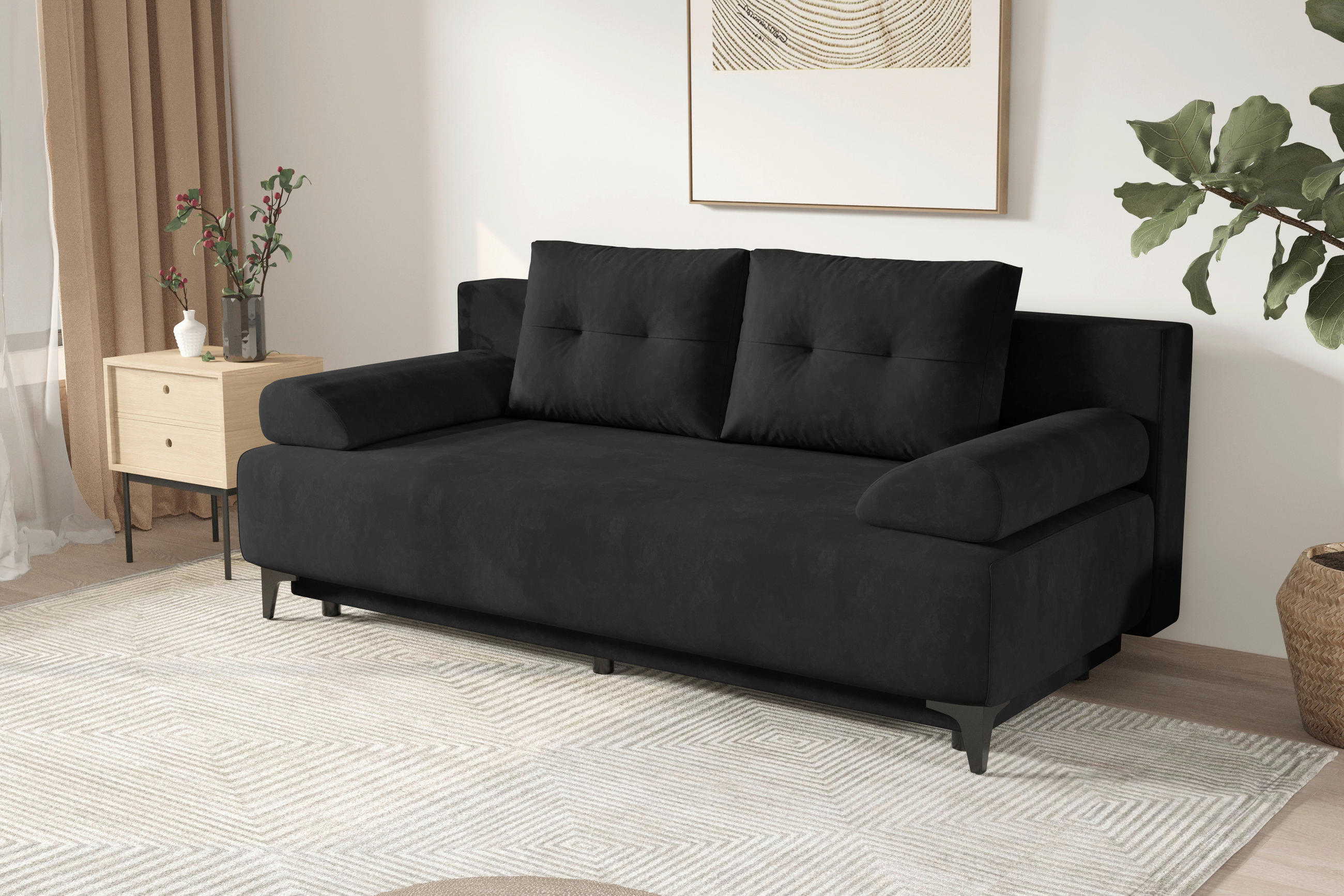 SCHLAFSOFA  mit Liegefunktion, Rücken echt Velours Anthrazit  - Anthrazit/Schwarz, KONVENTIONELL, Textil/Metall (200/98/90cm) - Carryhome