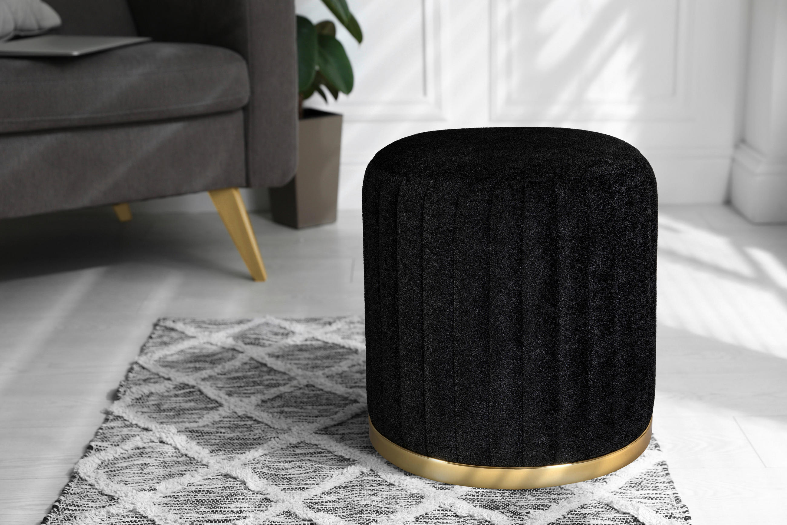 HOCKER Struktur Schwarz, Goldfarben  - Goldfarben/Schwarz, Design, Textil/Metall (43/46cm) - Kayoom