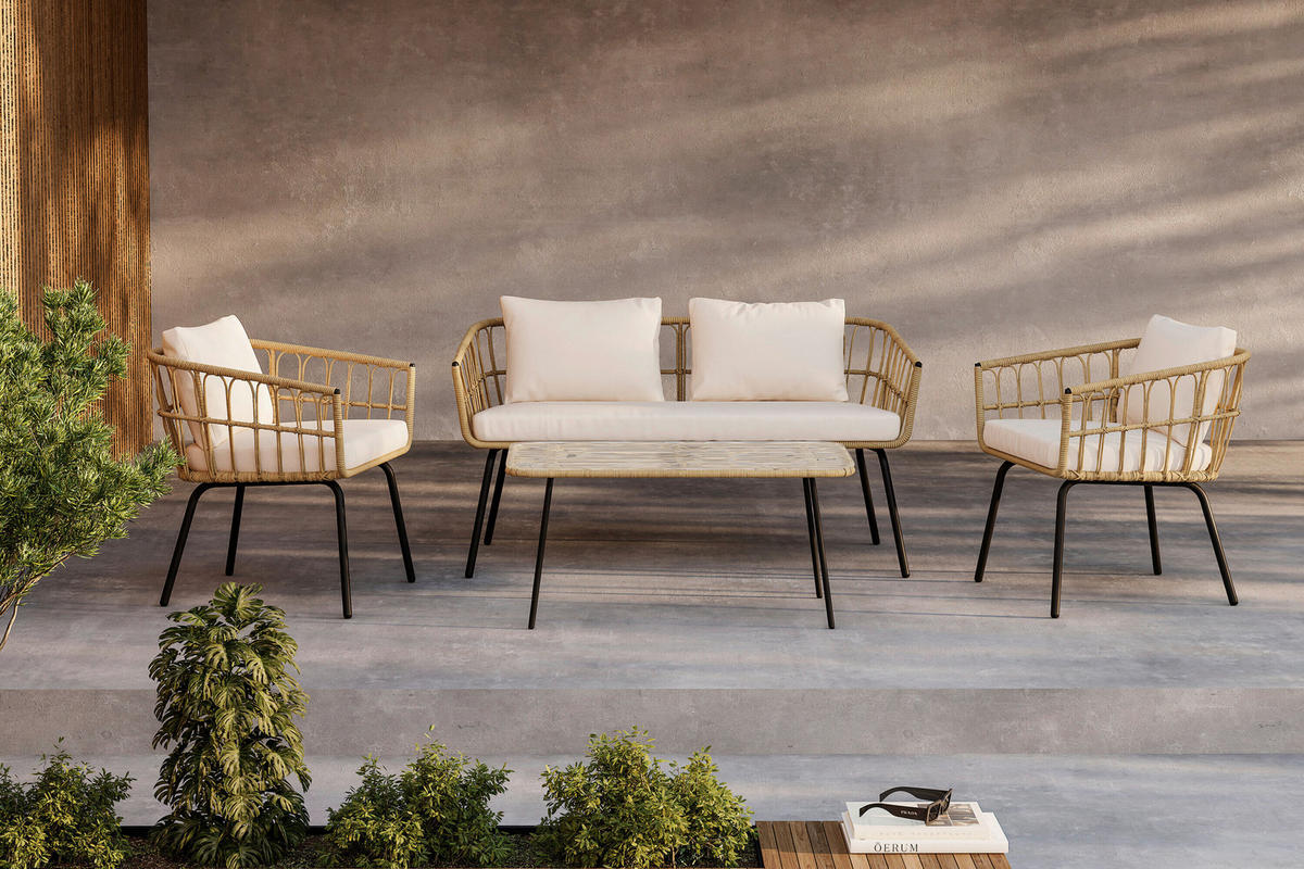 LOUNGEGARNITUR Stahl  - Schwarz/Naturfarben, MODERN, Glas/Textil (142/72/71,5cm) - Gardenson