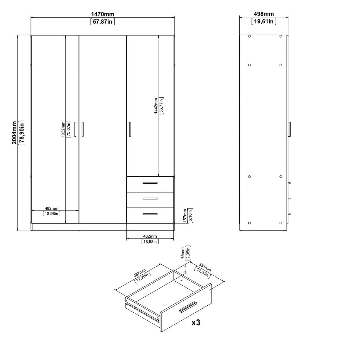KLEIDERSCHRANK in Eichefarben  - Eichefarben/Schwarz, Basics, Holzwerkstoff/Metall (147/200/49,8cm) - MID.YOU