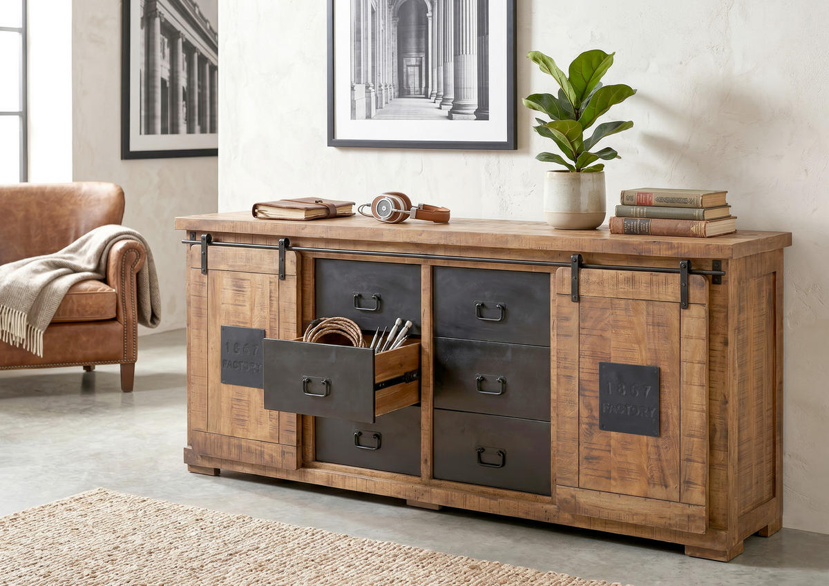 SIDEBOARD  195/85/45 cm 6 Schublade(n)  - Schwarz/Naturfarben, LIFESTYLE, Holz/Metall (195/85/45cm) - Landscape