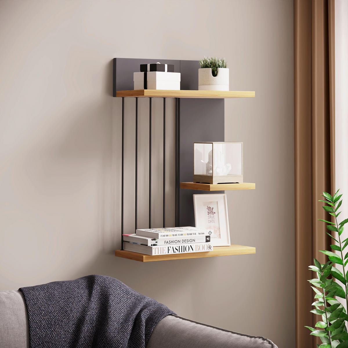 Poliță De Perete 40/60/19 cm, antracit, culoare lemn stejar  - culoare lemn stejar/antracit, Design, material pe bază de lemn (40/60/19cm) - Livetastic