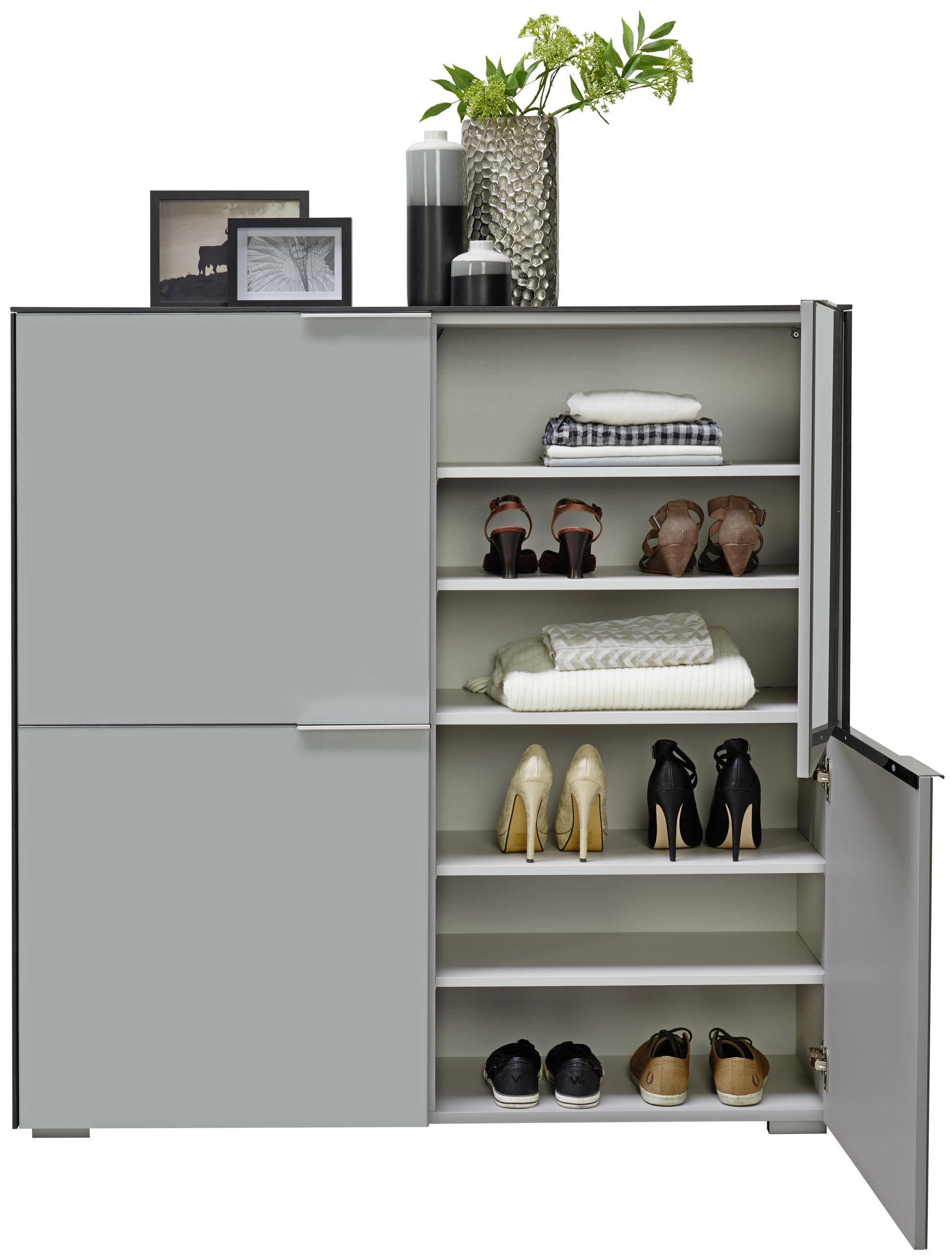 SCHUHSCHRANK Eichefarben, Hellgrau - Chromfarben/Eichefarben, Design, Glas/Holzwerkstoff (128/129,5/37,3cm) - Voleo