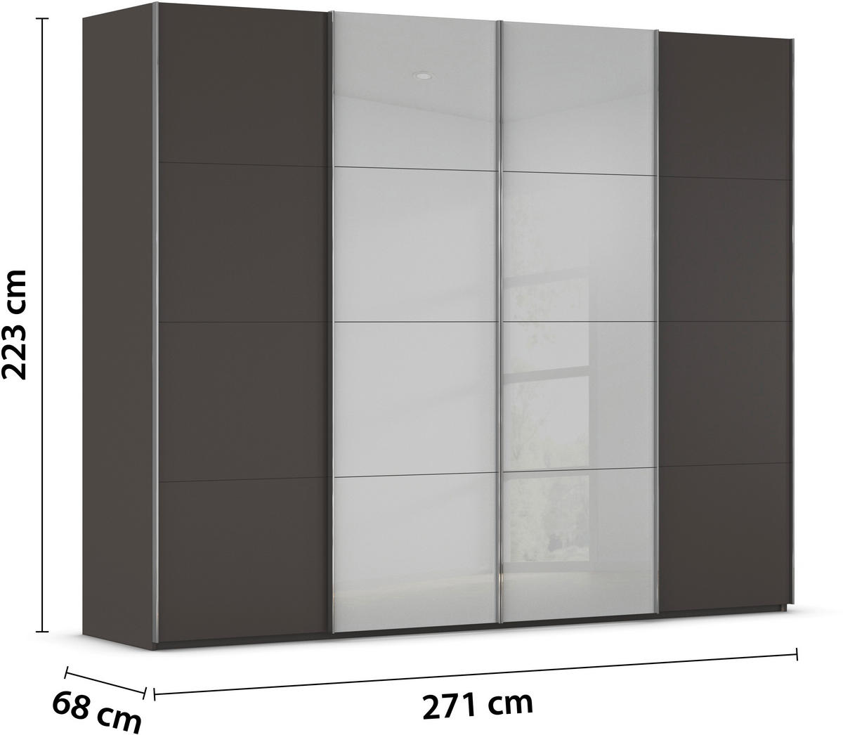 SCHWEBETÜRENSCHRANK 271/223/68 cm 4-türig Graphitfarben, Grau  - Chromfarben/Graphitfarben, KONVENTIONELL, Glas/Holzwerkstoff (271/223/68cm) - Novel