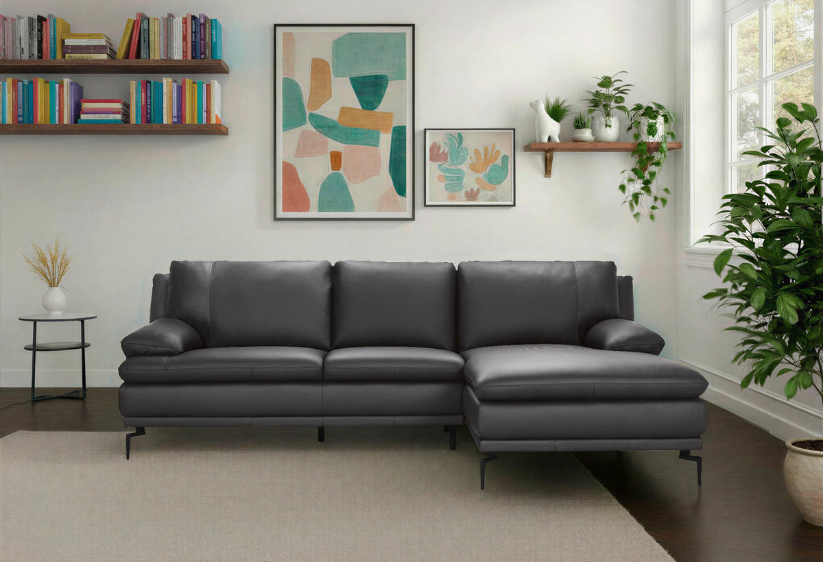 ECKSOFA Grau Echtleder  - Schwarz/Grau, Design, Leder (248/158cm) - MID.YOU