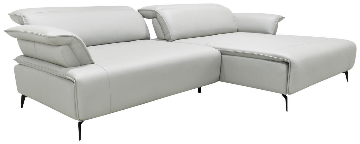 ECKSOFA Hellgrau Echtleder Rückenkissen, Armlehnenkissen, Rücken echt, Kopfteilverstellung, Sitztiefenverstellung, Fußteilverstellung  - Hellgrau/Schwarz, Design, Leder/Metall (280/75-100/112-176cm) - Celina Home