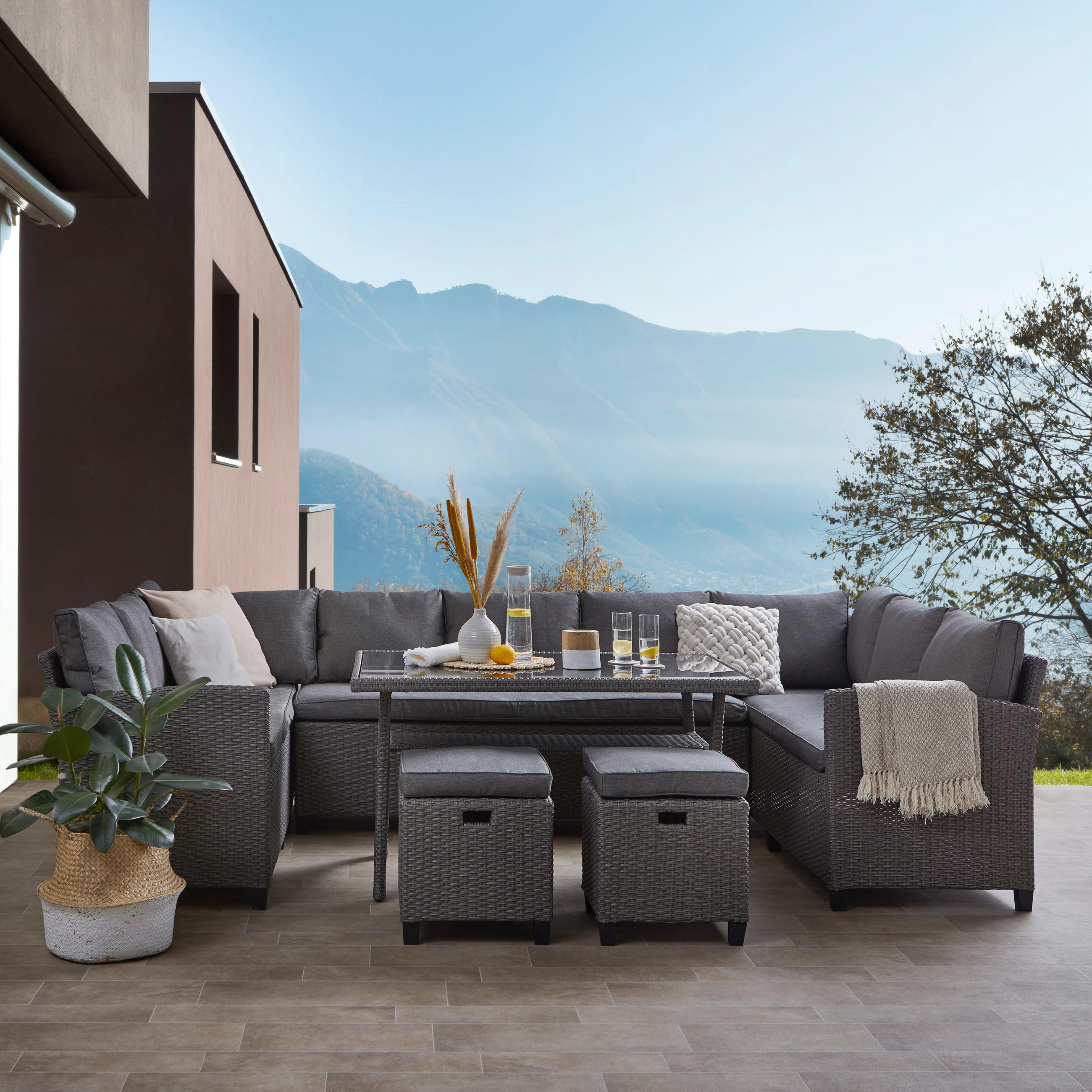 DINING-LOUNGESET Stahl - Schwarz/Grau, KONVENTIONELL, Glas/Kunststoff (165/294/165cm) - Ambia Garden