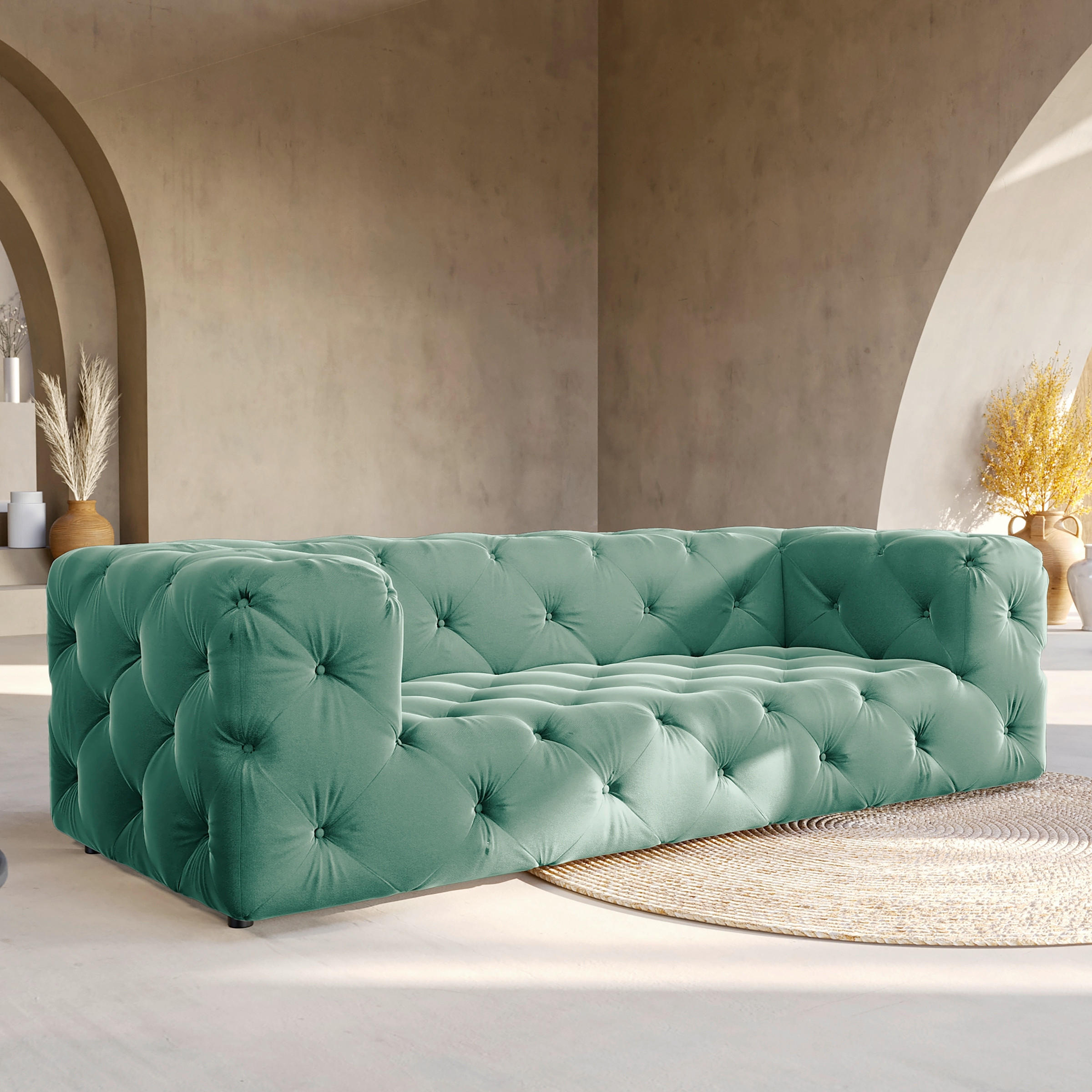 3-SITZER-SOFA Fresco in Samt Dunkelgrün  - Dunkelgrün/Schwarz, Design, Kunststoff/Textil (230/71/100cm) - P & B