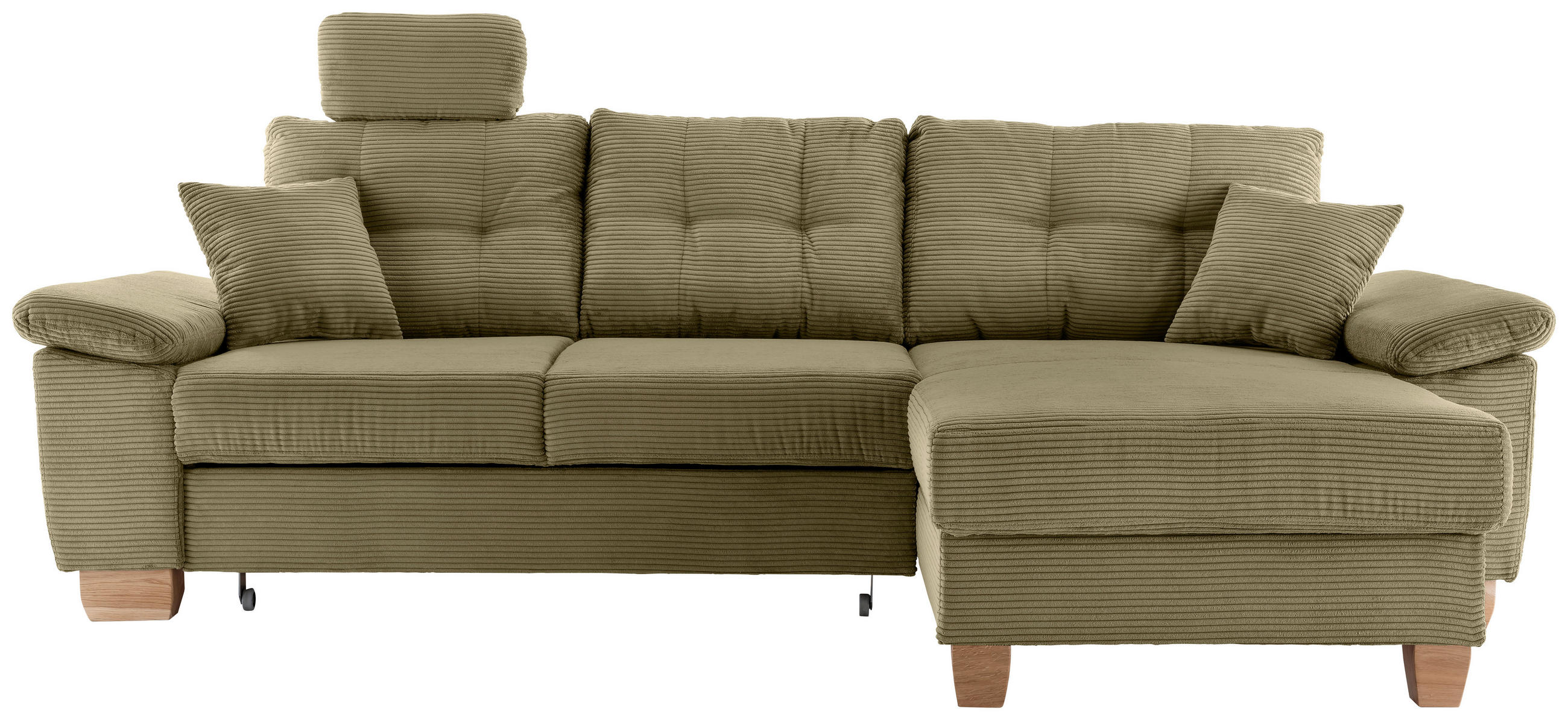 ECKSOFA Olivgrün Cord Bettkasten, Schlaffunktion, Sitztiefenverstellung, Kopfstütze, Liegefläche im Originalstoff  - Naturfarben/Olivgrün, MODERN, Holz/Textil (270/176cm) - Livetastic