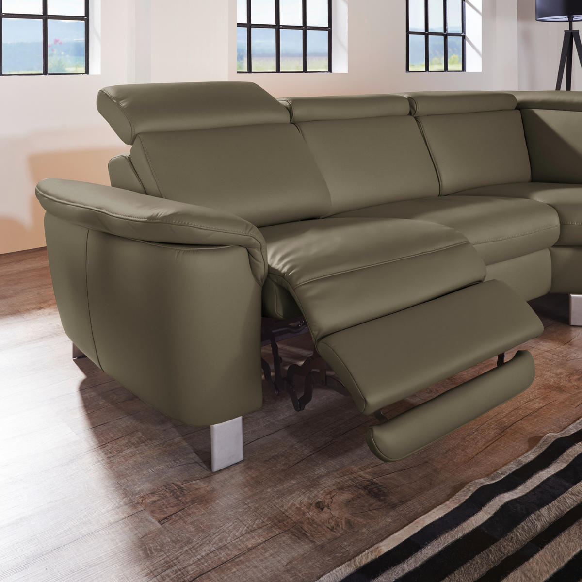 ECKSOFA in Echtleder Olivgrün  - Alufarben/Olivgrün, Design, Leder/Metall (271/239cm) - Cantus