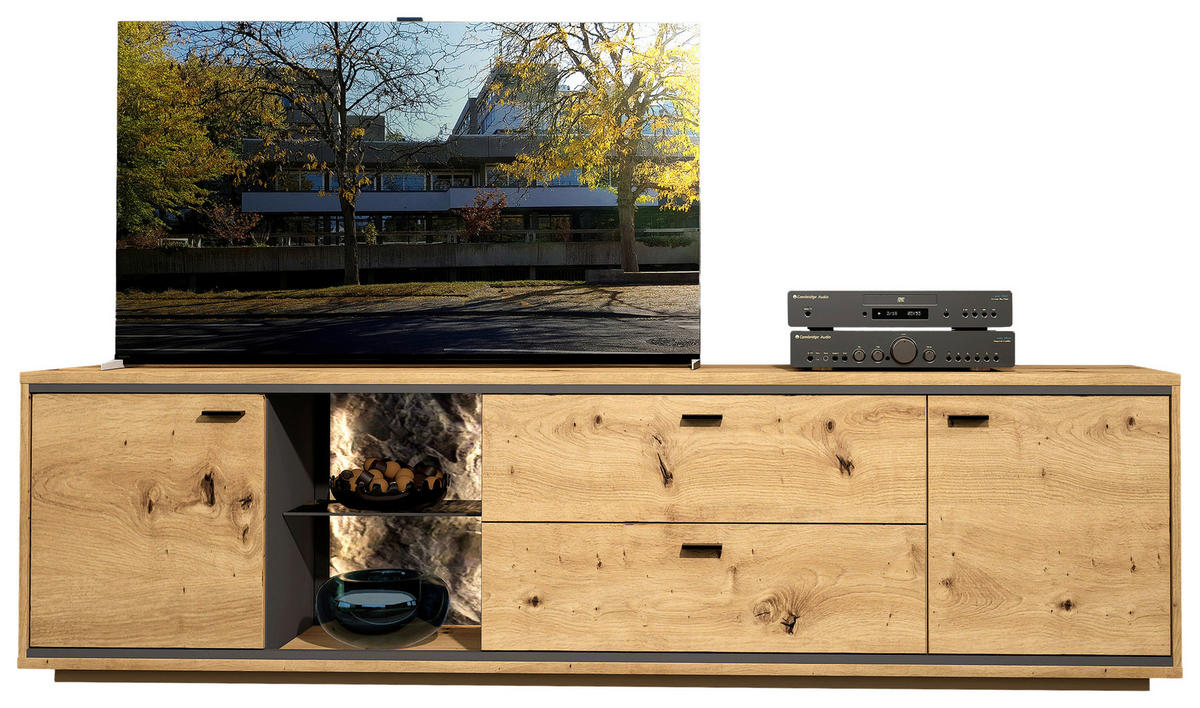 LOWBOARD Graphitfarben, Eiche Artisan  220/60/49 cm  - Schwarz/Graphitfarben, Design, Glas/Holzwerkstoff (220/60/49cm) - Cantus