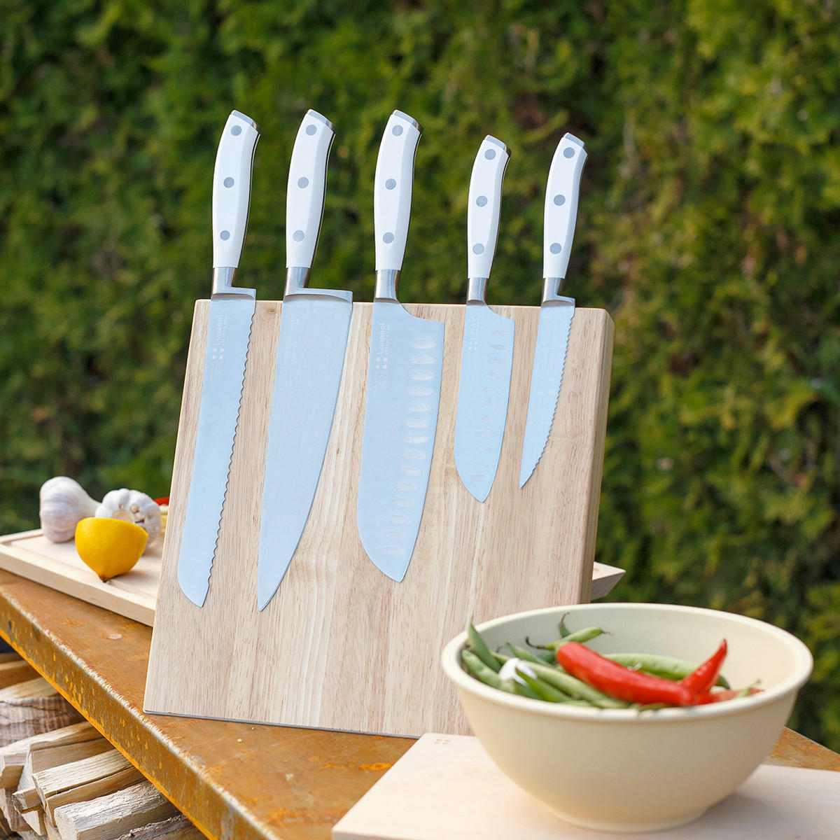 SADA NOŽOV, 5-dielne - biela/farba ušľachtilej ocele, Basics, kov/plast - Sola