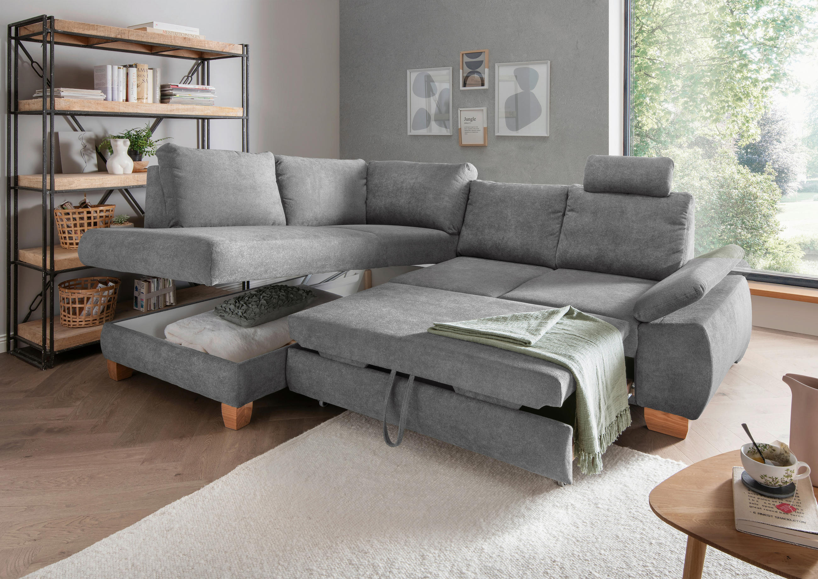 ECKSCHLAFSOFA Chenille Dunkelgrau  - Wildeiche/Dunkelgrau, MODERN, Holz/Textil (206/261cm) - Livetastic
