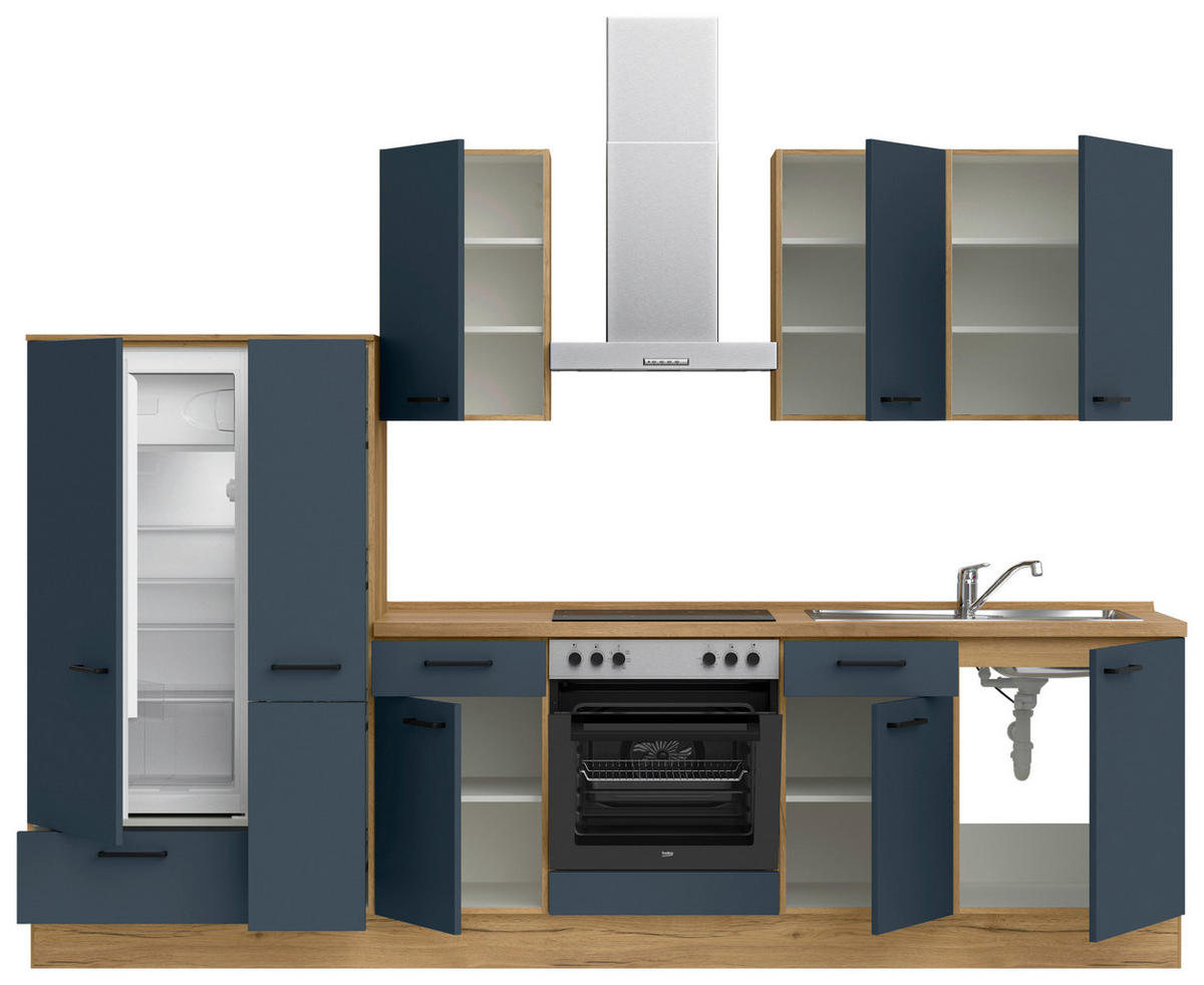 KÜCHENBLOCK Easytouch 300 cm  in Blau, Eichefarben  - Blau/Eichefarben, MODERN, Holzwerkstoff/Metall (300cm) - Nobilia