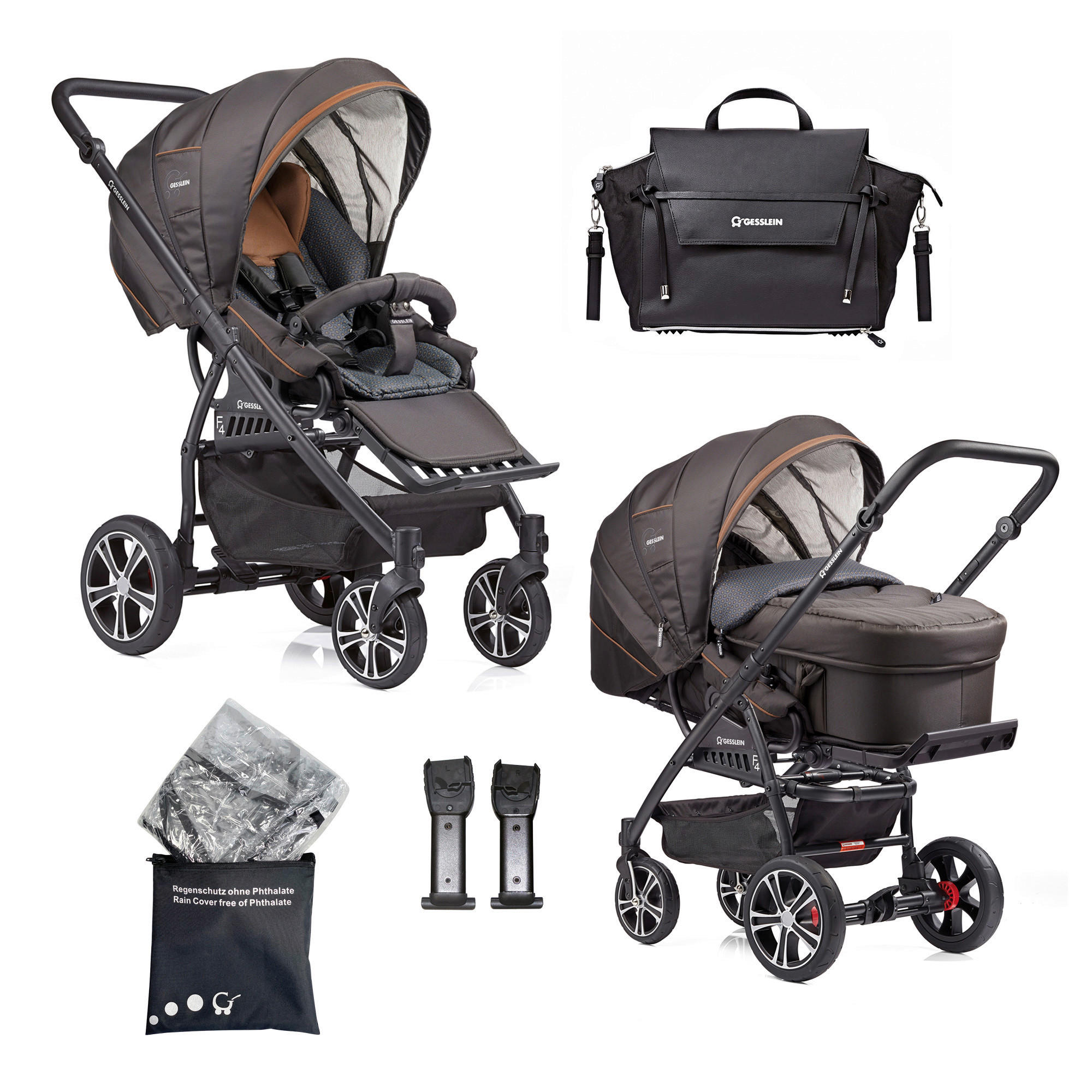 KINDERWAGENSET  F4 Air+   - Cognac/Anthrazit, Basics, Textil/Metall (57/129/100cm) - Gesslein