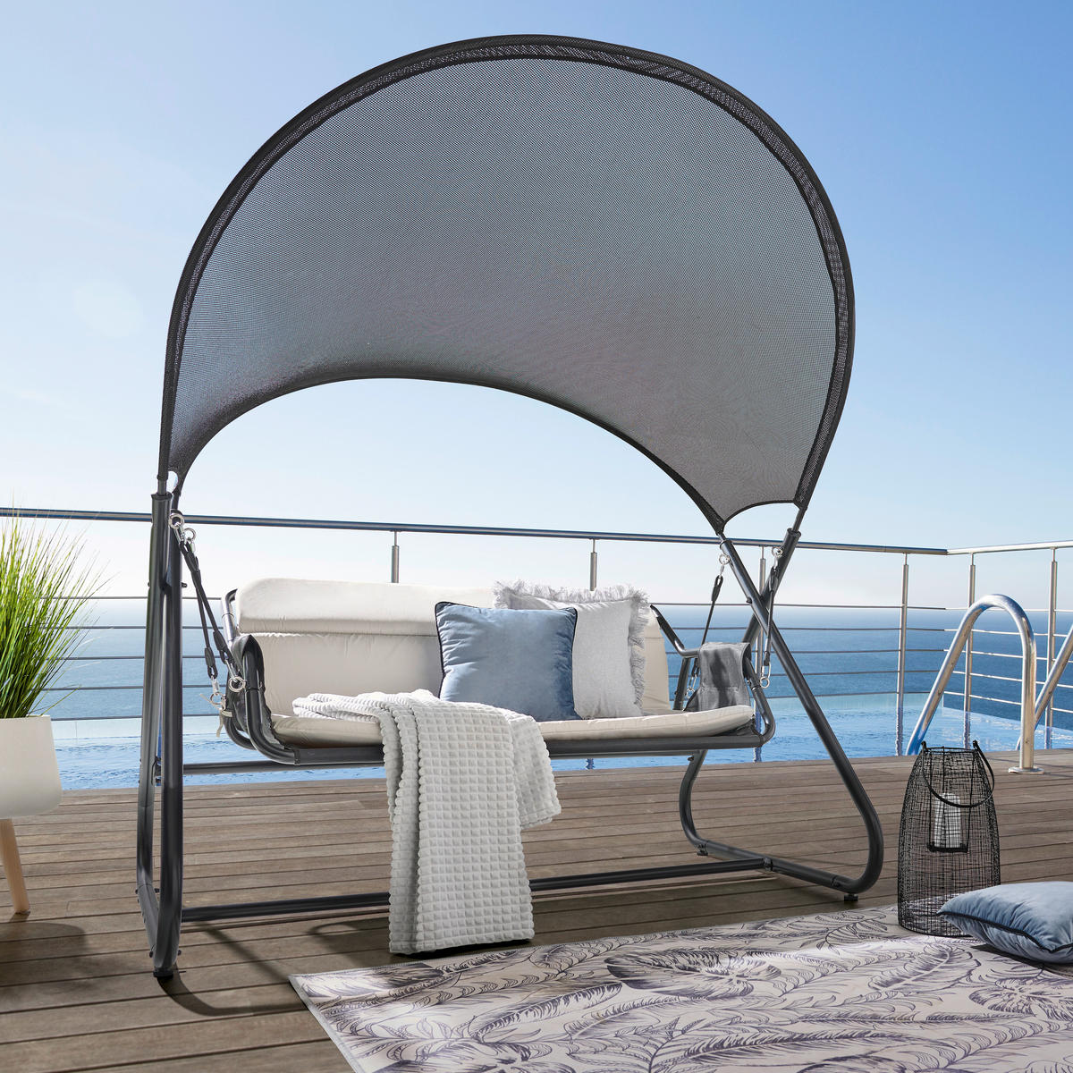 HOLLYWOODSKÁ HOUPAČKA  - černá/světle šedá, Moderní, kov/textil (166/190/145cm) - Beldano