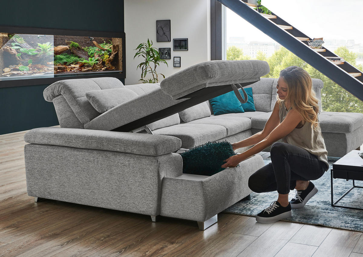 WOHNLANDSCHAFT inkl.Funktionen in Webstoff Alufarben  - Schwarz/Alufarben, Design, Textil/Metall (210/337/174cm) - Beldomo Style