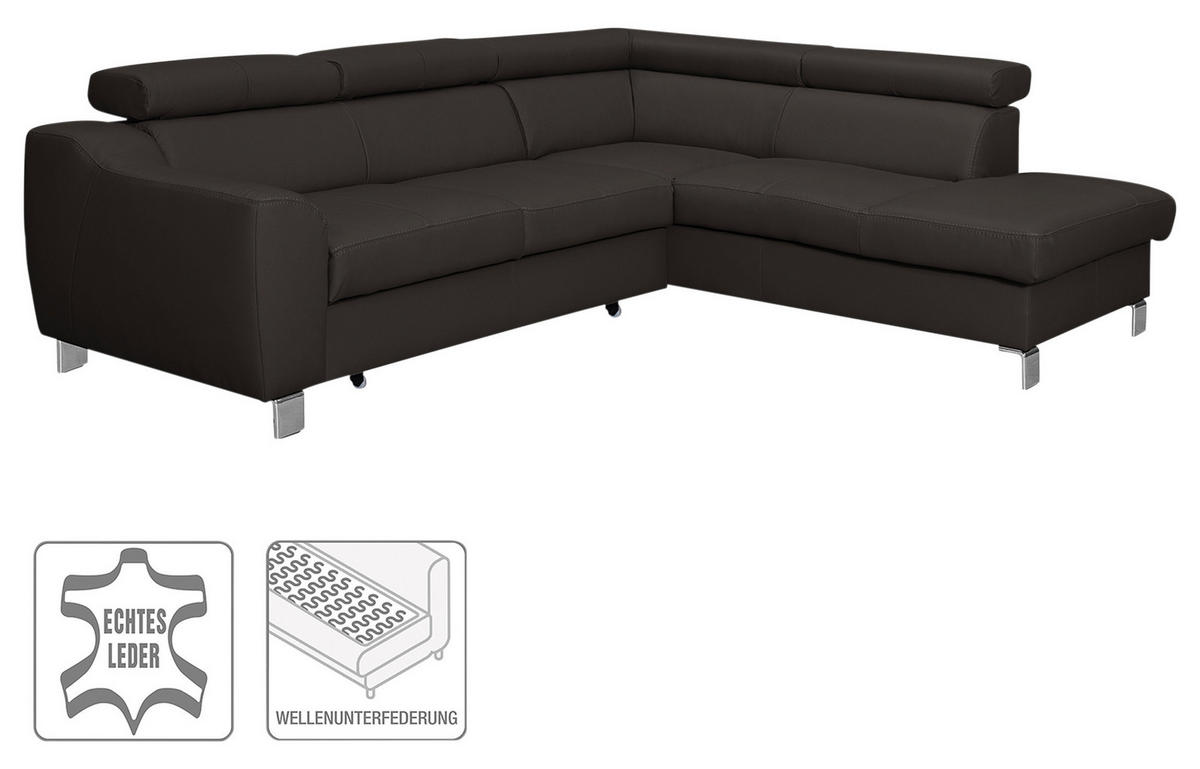ECKSOFA Dunkelbraun Echtleder Lederlook  - Chromfarben/Dunkelbraun, Design, Leder/Textil (245/208cm) - Livetastic