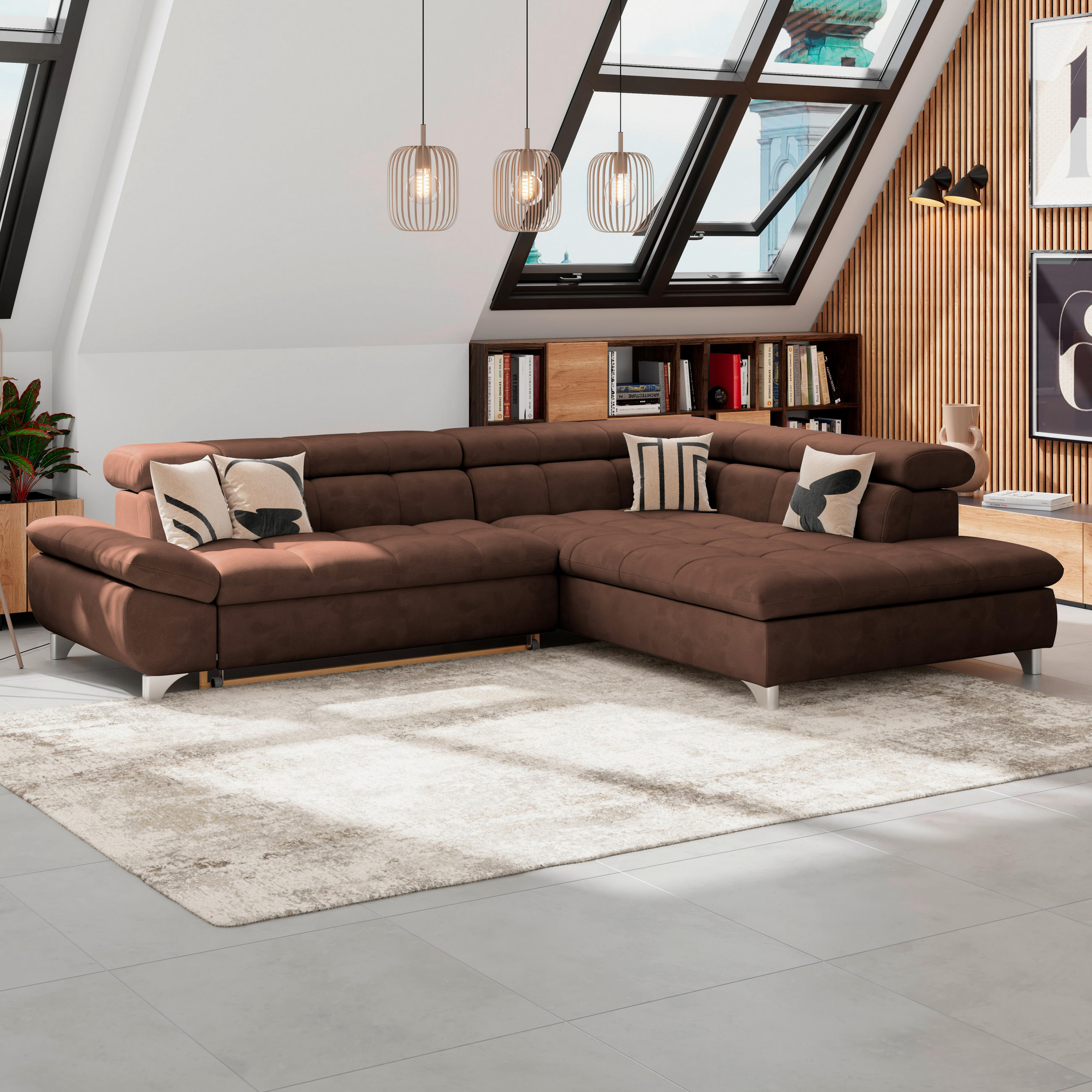 ECKSOFA Braun Chenille  - Chromfarben/Braun, KONVENTIONELL, Textil/Metall (312/234cm) - Livetastic