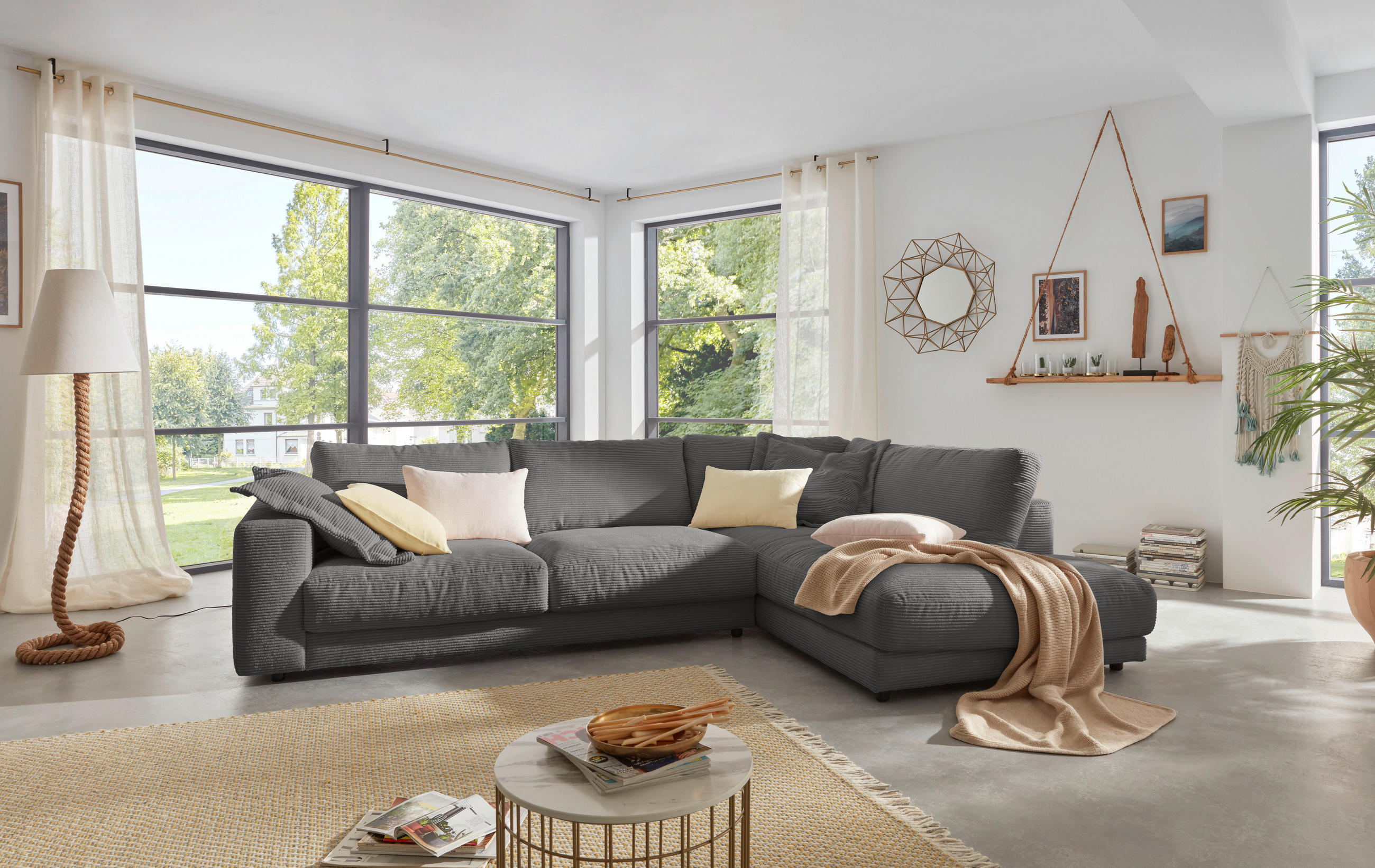 ECKSOFA in Cord Dunkelgrau  - Dunkelgrau/Schwarz, Design, Kunststoff/Textil (325/224cm) - Hom`in