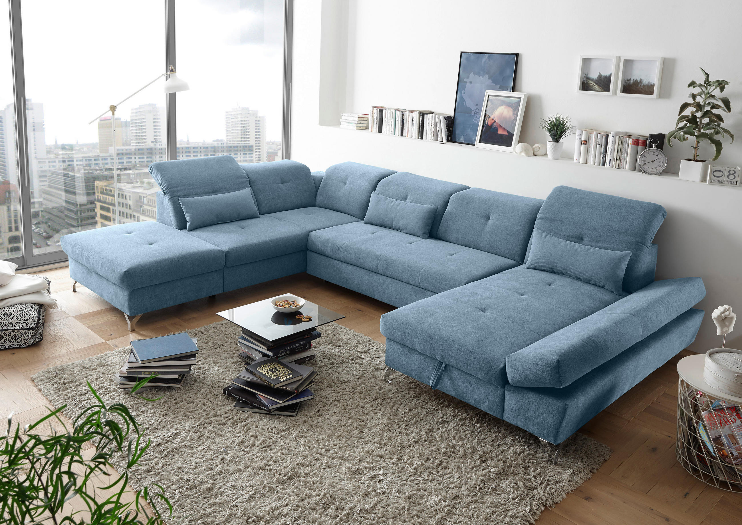 WOHNLANDSCHAFT in Mikrovelours Blau  - Blau/Silberfarben, Modern, Textil/Metall (245/350/168cm) - MID.YOU