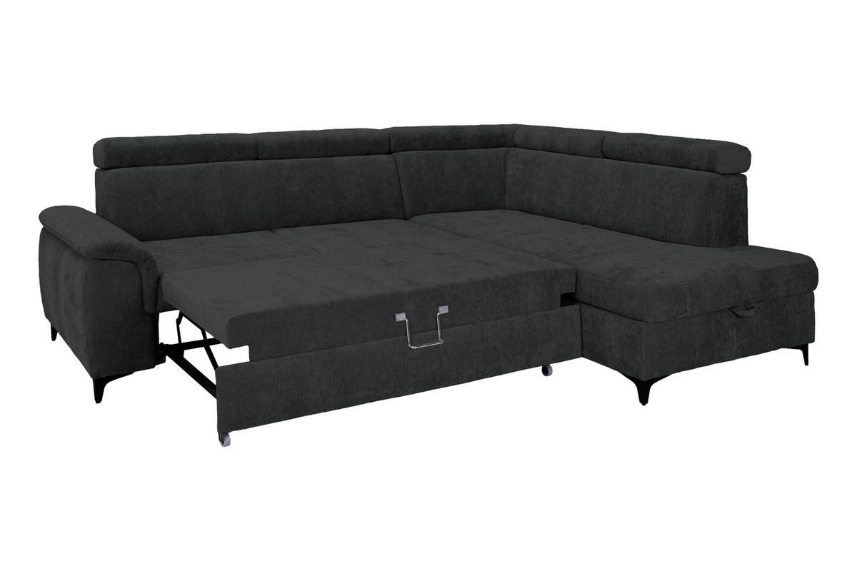 ECKSOFA Schwarz Chenille Bettkasten, Schlaffunktion, Rücken echt, Kopfteilverstellung, Liegefläche im Originalstoff  - Schwarz, KONVENTIONELL, Textil/Metall (265/206cm) - Carryhome