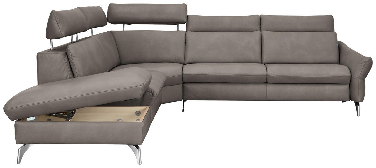 ECKSOFA in Echtleder Graubraun  - Edelstahlfarben/Graubraun, Konventionell, Leder/Metall (242/296cm) - Himolla Komfortklass