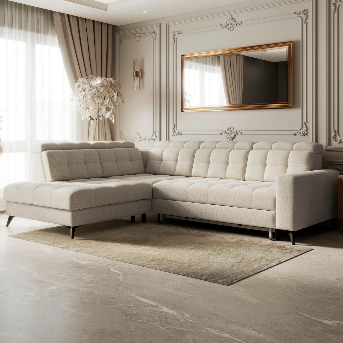 ECKSOFA BARLETTA NEW Creme Velours Bettkasten, Kopfteilverstellung, Sitztiefenverstellung, Liegefläche im Originalstoff  - Creme/Schwarz, ROMANTIK / LANDHAUS, Textil/Metall (228/289cm) - MID.YOU