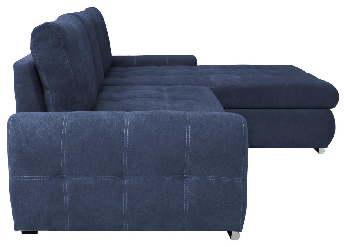 ECKSCHLAFSOFA Velours Dunkelblau  - Chromfarben/Weiss, Design, Kunststoff/Textil (277/175cm) - Livetastic