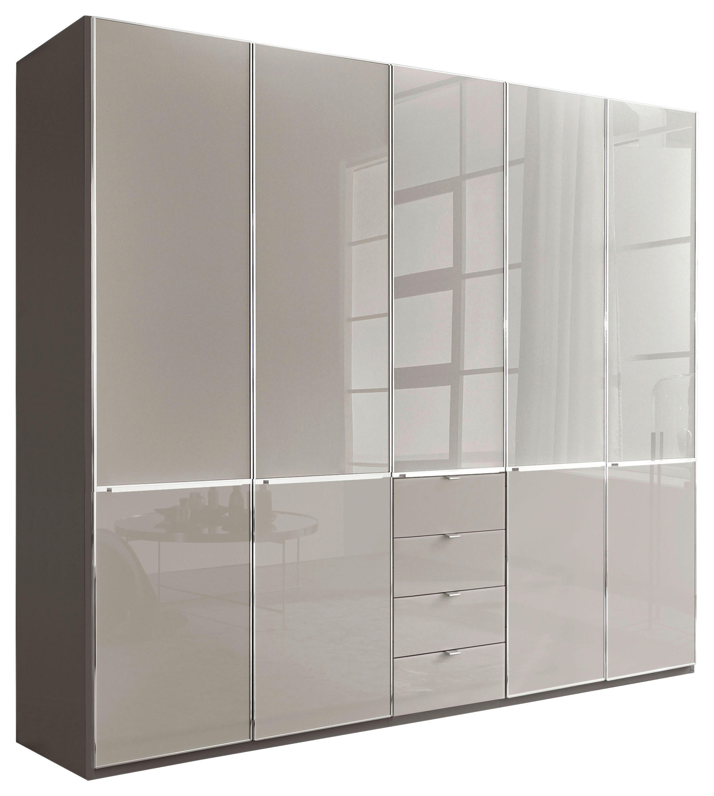 KLEIDERSCHRANK 5-türig Grau, Dunkelgrau - Chromfarben/Dunkelgrau, KONVENTIONELL, Glas/Holzwerkstoff (250/216/58cm) - Novel
