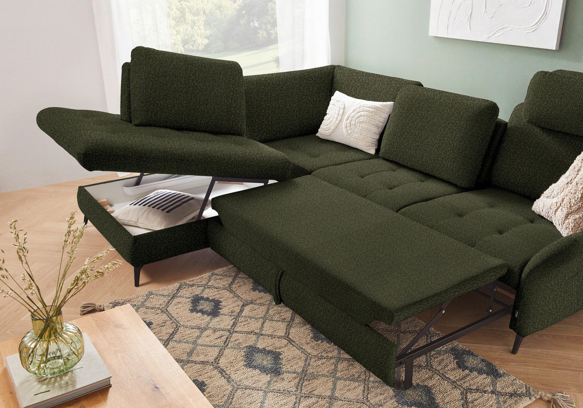 ECKSOFA in Struktur Olivgrün  - Schwarz/Olivgrün, Natur, Textil/Metall (233/288cm) - Valnatura