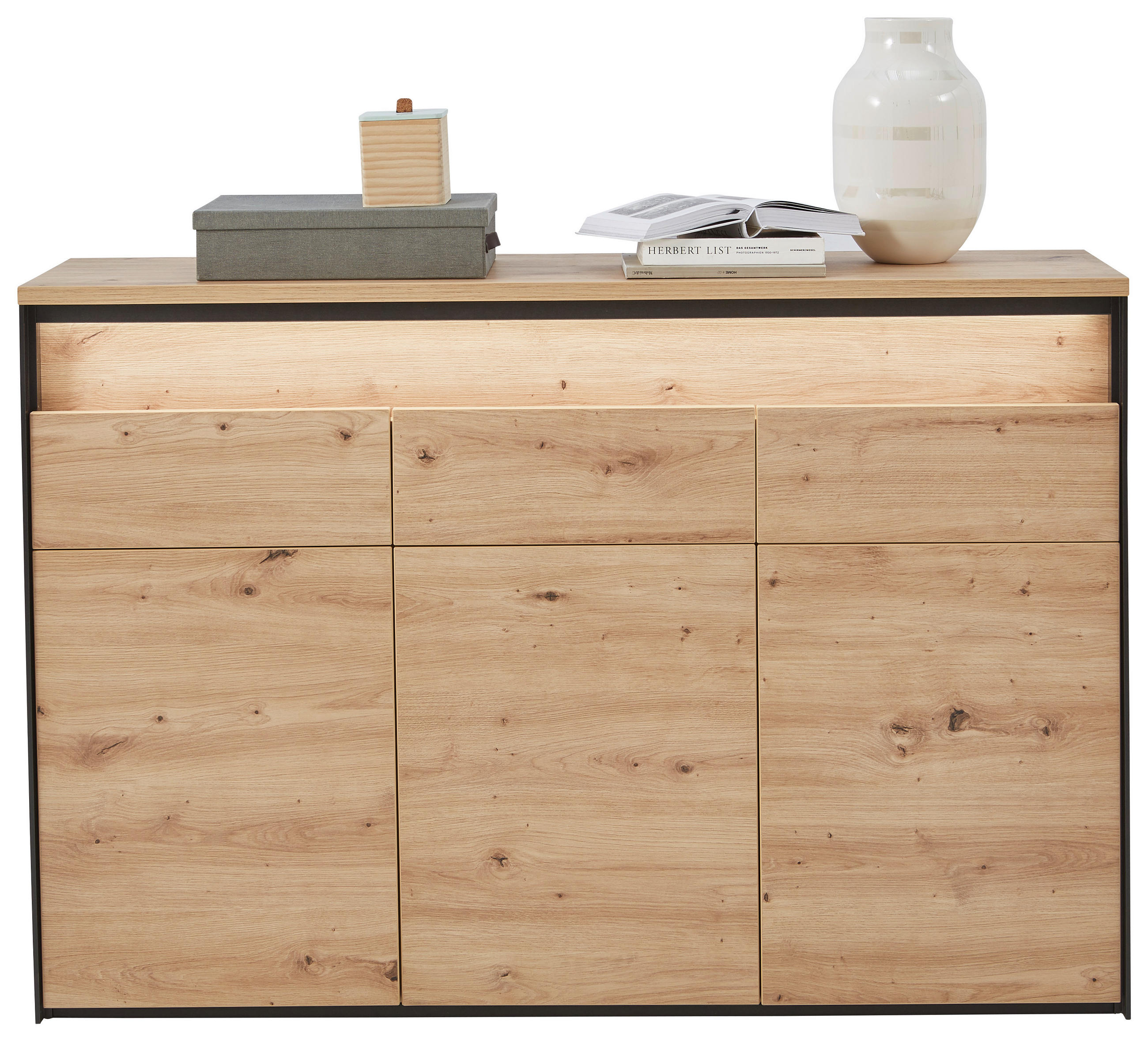 Thumbnail - Voleo Sideboard, Schwarz, Eiche Artisan, Holzwerkstoff, 6 Fächer, 3 Schubladen, 130x88x38 cm, Typenauswahl, Beimöbel erh...